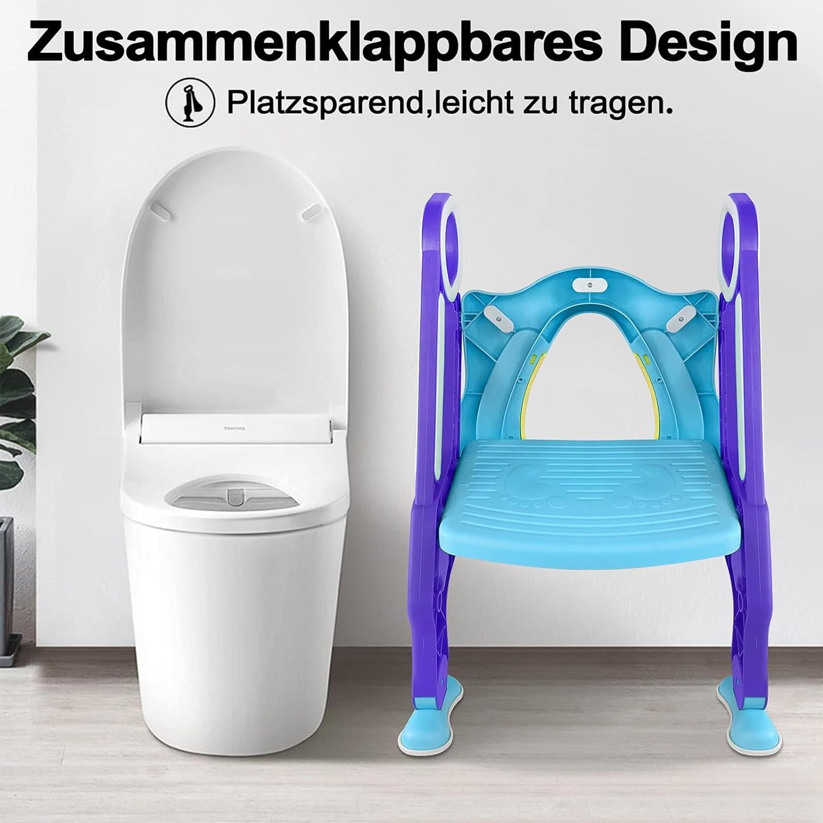 Aufun Sedile WC per bambini con scala regolabile, sedile per WC pieghevole con cuscino in poliuretano, adatto per WC da 38 a 42 cm, per bambini da 1 a 7 anni, colore: blu/lilla