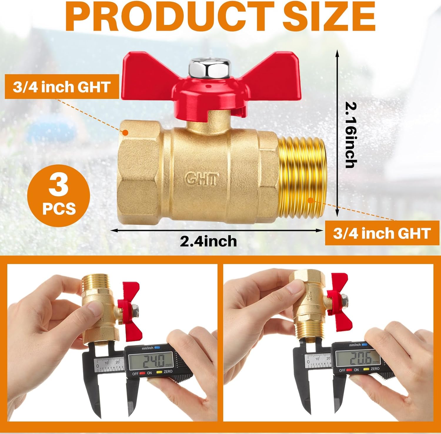 Yaocom 3 Pcs Full Flow Garden Hose Shut Off Valve Connector Heavy Duty Brass 3/4'' GHT No Restriction Water Shut-Off Connector Lawn Hose-end Flow Ball Valve Adapter Coupling for Gardens(Red)