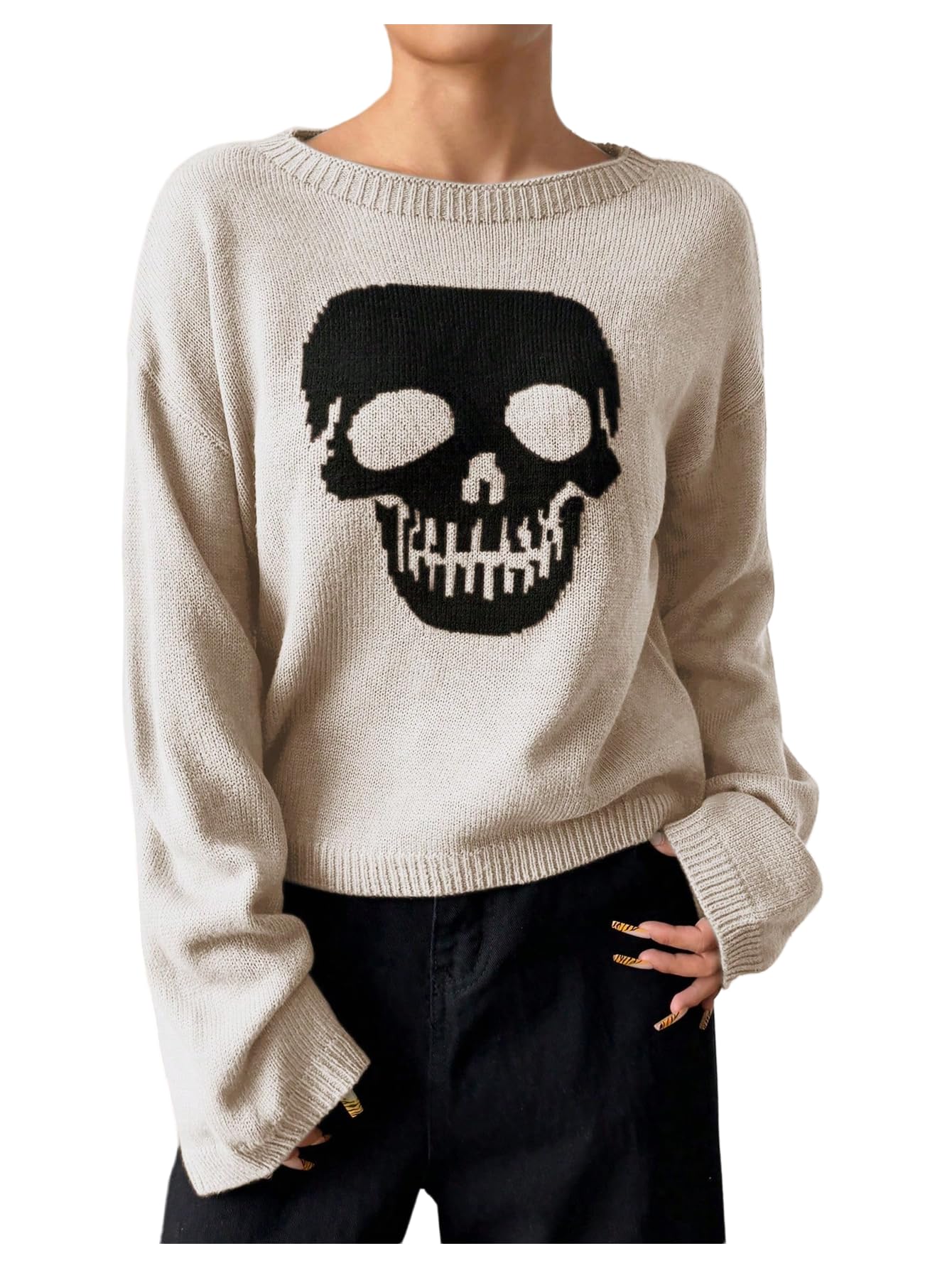 SHENHE Womens Skull Graphic Crew Neck Sweater Halloween Long Sleeve Knit Pullover Tops