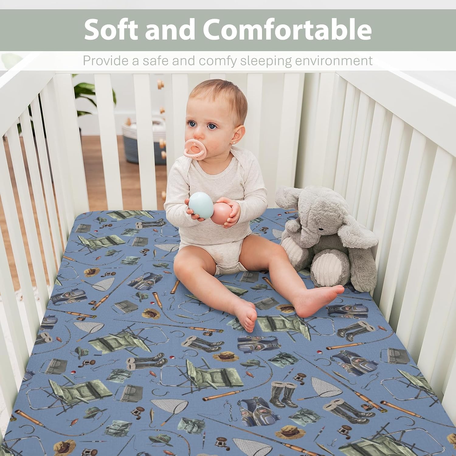 Retro Blue Fishing Gear Baby Crib Sheets for Boy Girl 52"x28" Trout Fishing Soft Stretchy Fitted Crib Mattress Cover Outdoor Fishing Lovers Gift Baby Sheet for Standard Crib and Toddler Bed Mattress