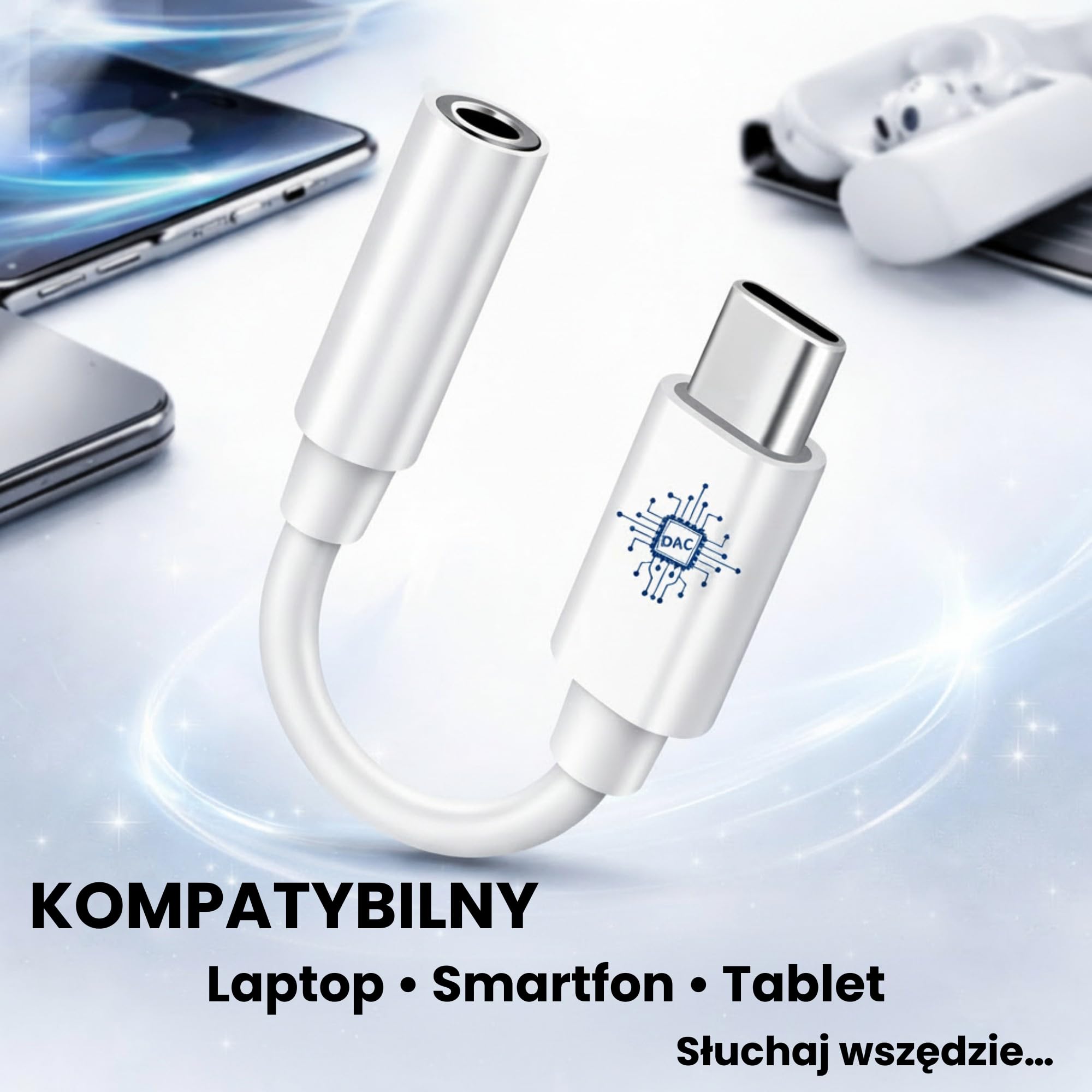 CLEM Tech - Adapter USB-C na Jack 3.5mm z Przetwornikiem DAC Hi-Fi - Przejściówka Audio do Słuchawek, Plug & Play, iPhone 15/16, Samsung Galaxy, iPad, MacBook, Xiaomi - Biały