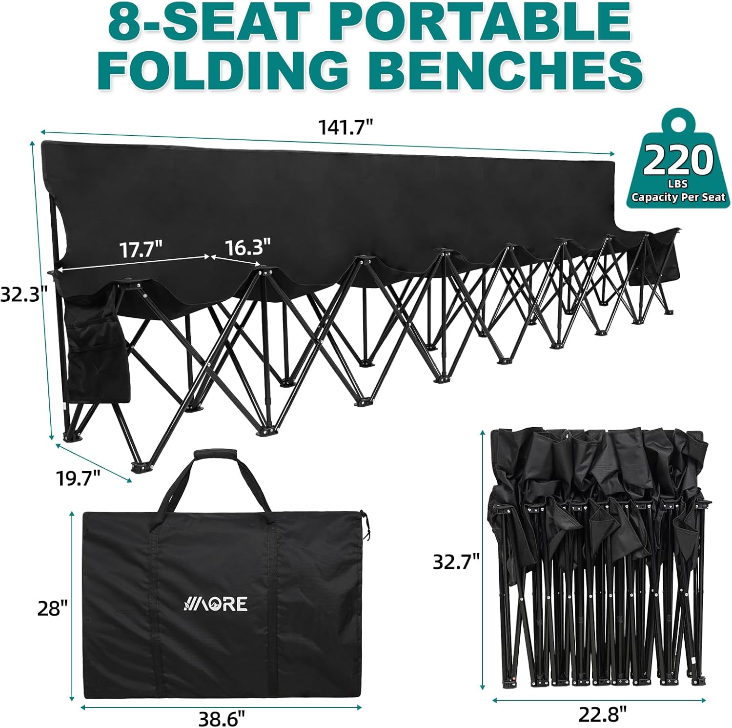 1MORE Soccer Bench - Portable Folding Team Bench, 8 Seats Foldable Sideline Benches, Soccer Chair with Bag & Backrest, Adult Team Chair for Football Camp Sport Events Outdoor Seating.Black 8 Seats Black image 2 of 8 B0DRT9NQ9B