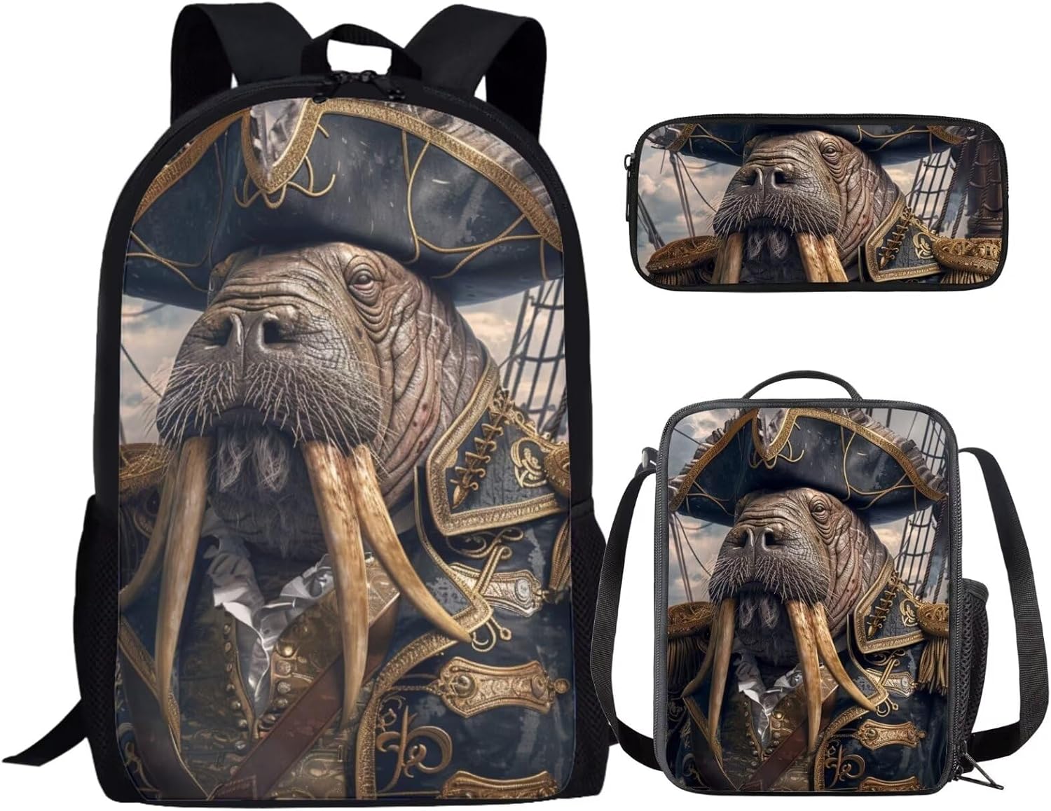 17 Inch Animal Print School Backpack And Lunch Box Set for Kids Funny Pirate Bernese Mountain Dog Backpack for Boys Girl Sturdy School Bag with Insulated Lunchbox Pencil Case Student Bookbag