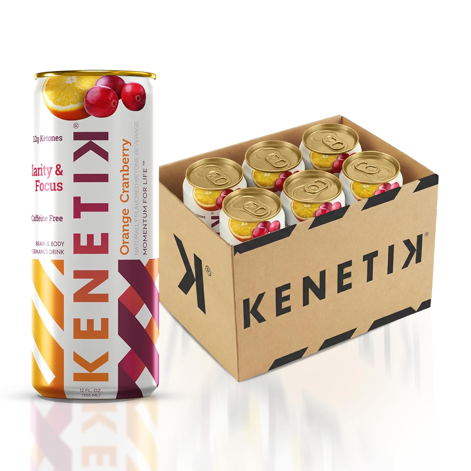 KENETIK Caffeine-Free Focus Drink – Brain Fuel for Mental Clarity and Cognitive Endurance, Sugar-Free, Bioidentical Ketones (D-BHB), 12oz – 6 Pack, Orange Cranberry