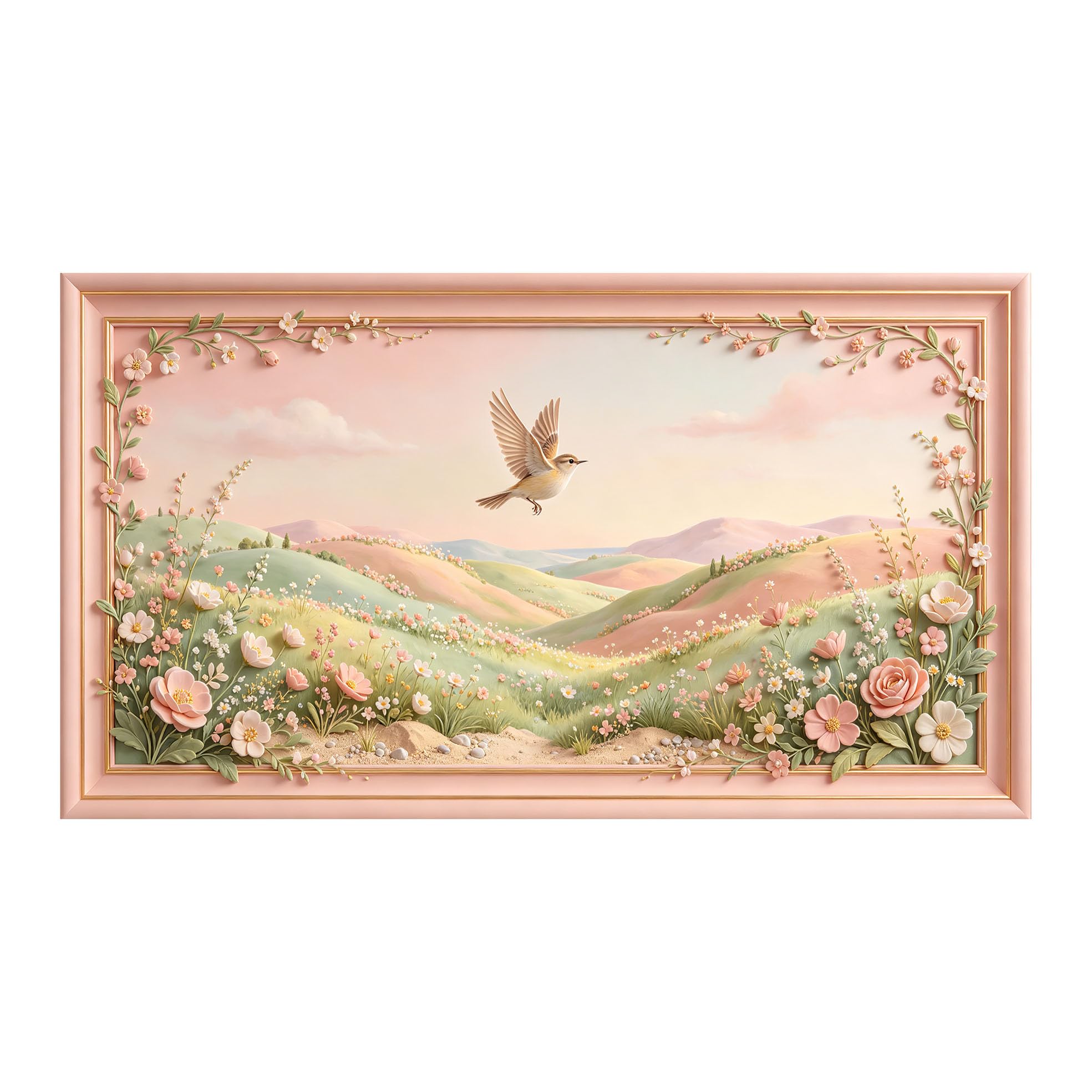 Yzpallescene 3D 3D Framed Wall Art 50cm×90cm Pastoral Meadow Floral Bird Landscape Oil Painting Large Size SelfAdhesive Removable Wall Decor Prints Artwork for Living Room Bedroom Office