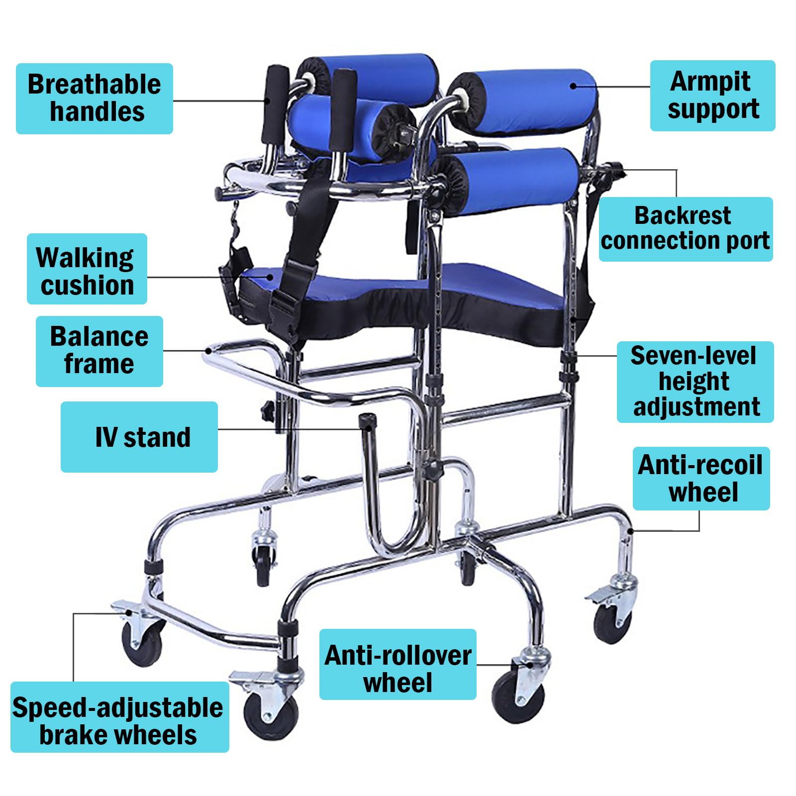 Andador para niños con parálisis cerebral portátil, 6 ruedas, ancho ajustable, velocidad ajustable, neumáticos sólidos con frenos, andador resistente para rehabilitación.