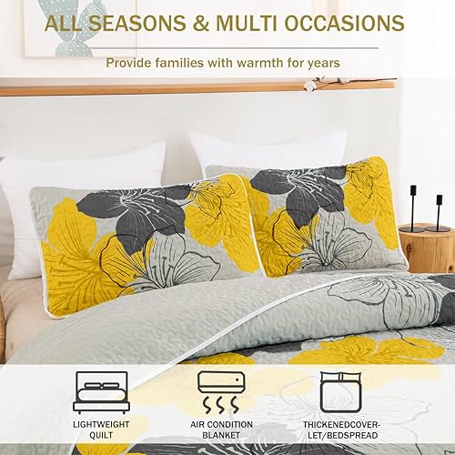 Miniatura 3 de Juego de edredón de 3 piezas, tamaño Queen, con patrón floral amarillo, elegante colcha bohemia con 2 fundas de almohada, juego de ropa de cama de