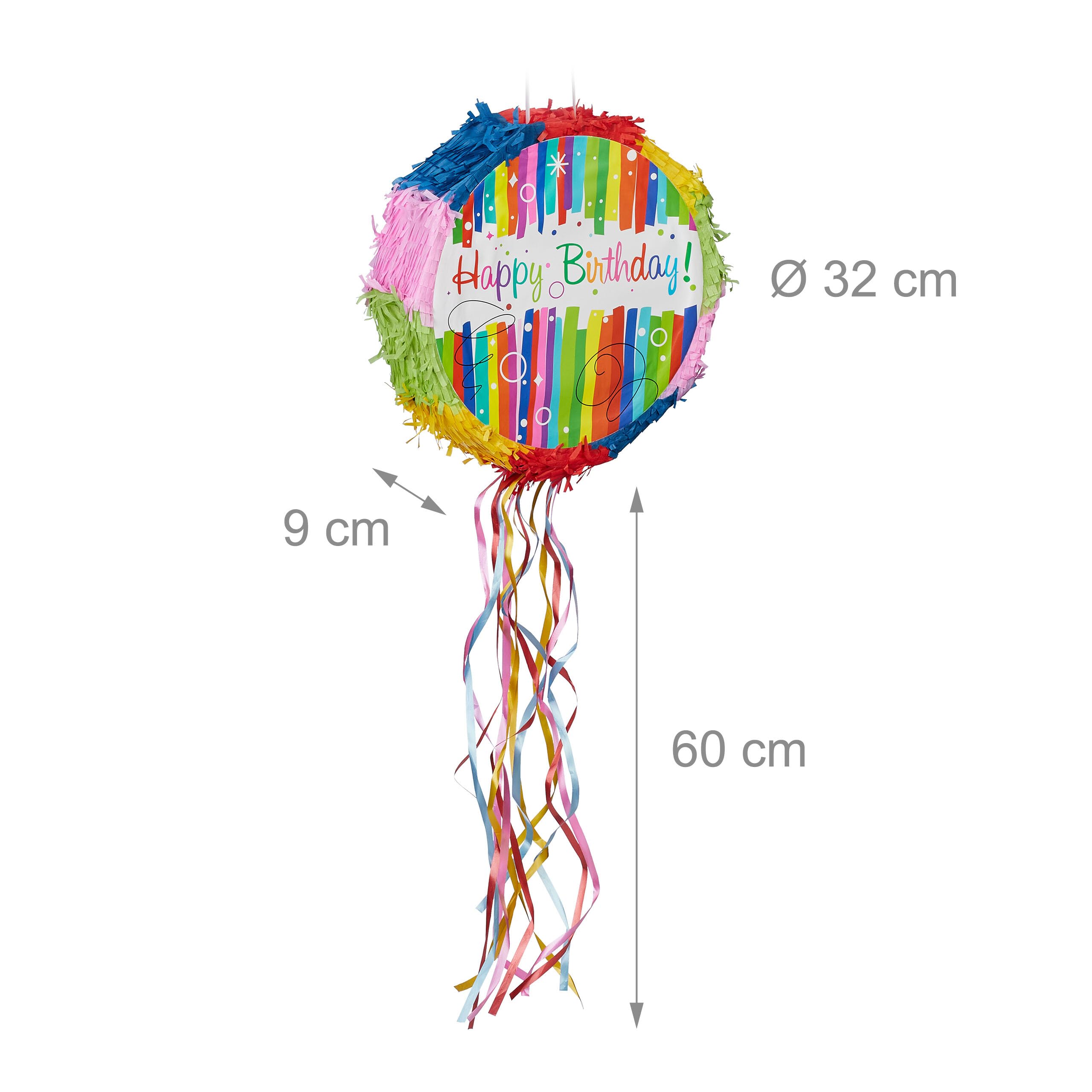 Relaxdays Pignatta con Scritta 'Happy Birthday, Piñata da Appendere, Compleanni, da Riempire, DxP: 32x9 cm, Multicolore