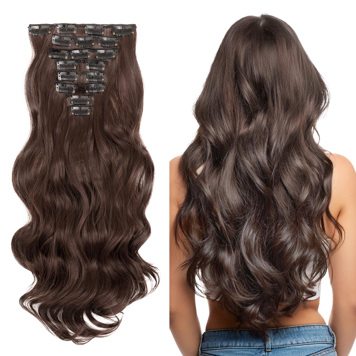 SEGO Pro Clip in Hair Extensions 8 Pcs 18 Clips Full Head Synthetic Fiber Hair Pieces for Women Curly 17 Inch (Natural Brown)