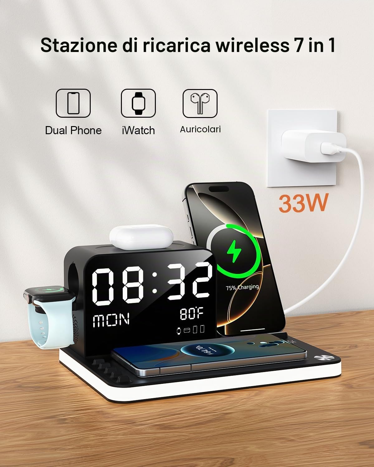 Stazione di Ricarica, Caricatore Wireless Doppio 7 in 1 con Orologio, Dock di Ricarica da Comodino con Luce, Adattatore da 33W, TimeSync, Caricatore Rapido per iPhone 17 16 15 14 13 12 Pro Max Apple