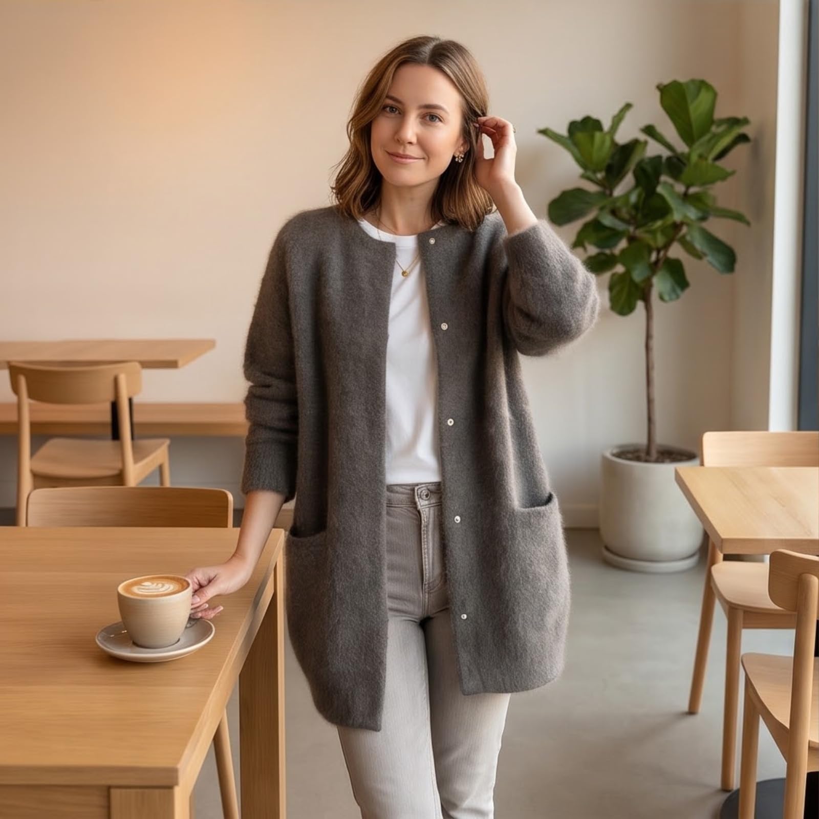 Strickjacke Damen Flauschig mit Knöpfen Long Cardigan Winter Feinstrick