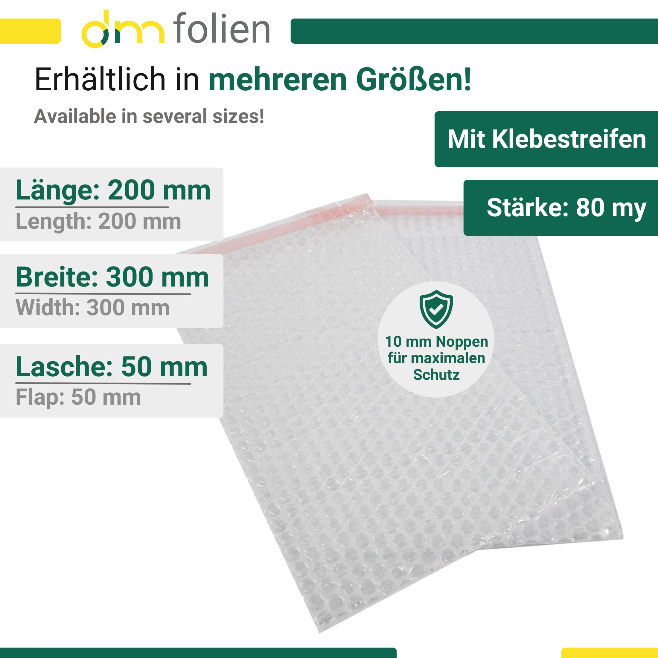 dm-folien Luftpolsterbeutel I 200 x 300 mm I 100 Stück I 80 µ I Stabile Luftpolstertaschen mit Klebestreifen I 3-lagige Bubble Bag Versandtaschen zum Schutz vor Staub, Schmutz & Feuchtigkeit
