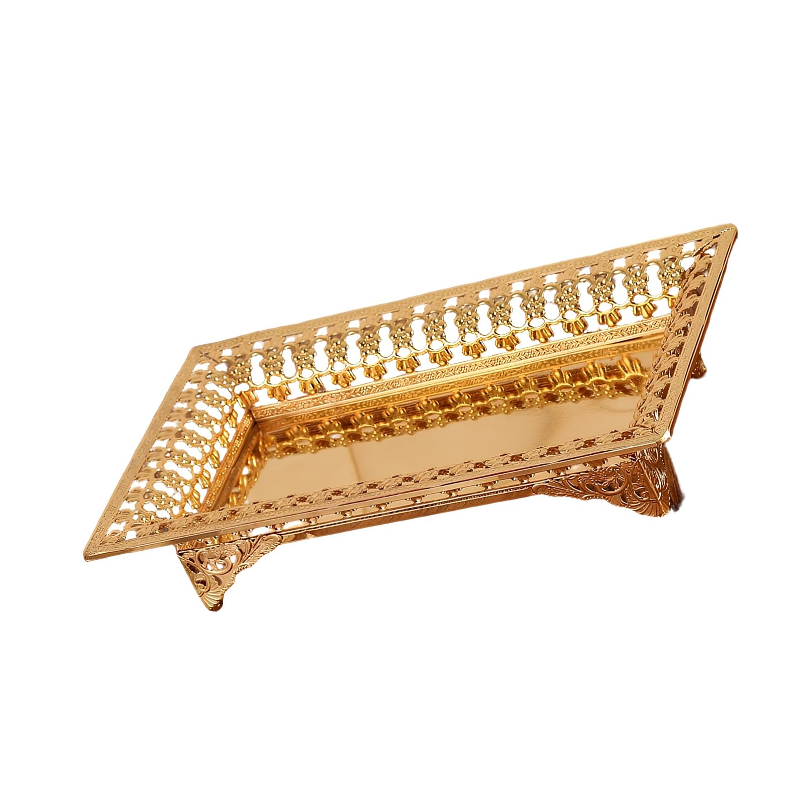 Buxuaaaa Luxury Rectangular Fruit Tray with Gold Hollow Out European Pattern for Festive Serving European Gold Iron Rectangular Tray with Hollow Out Base for Fruit Display and Home Decor