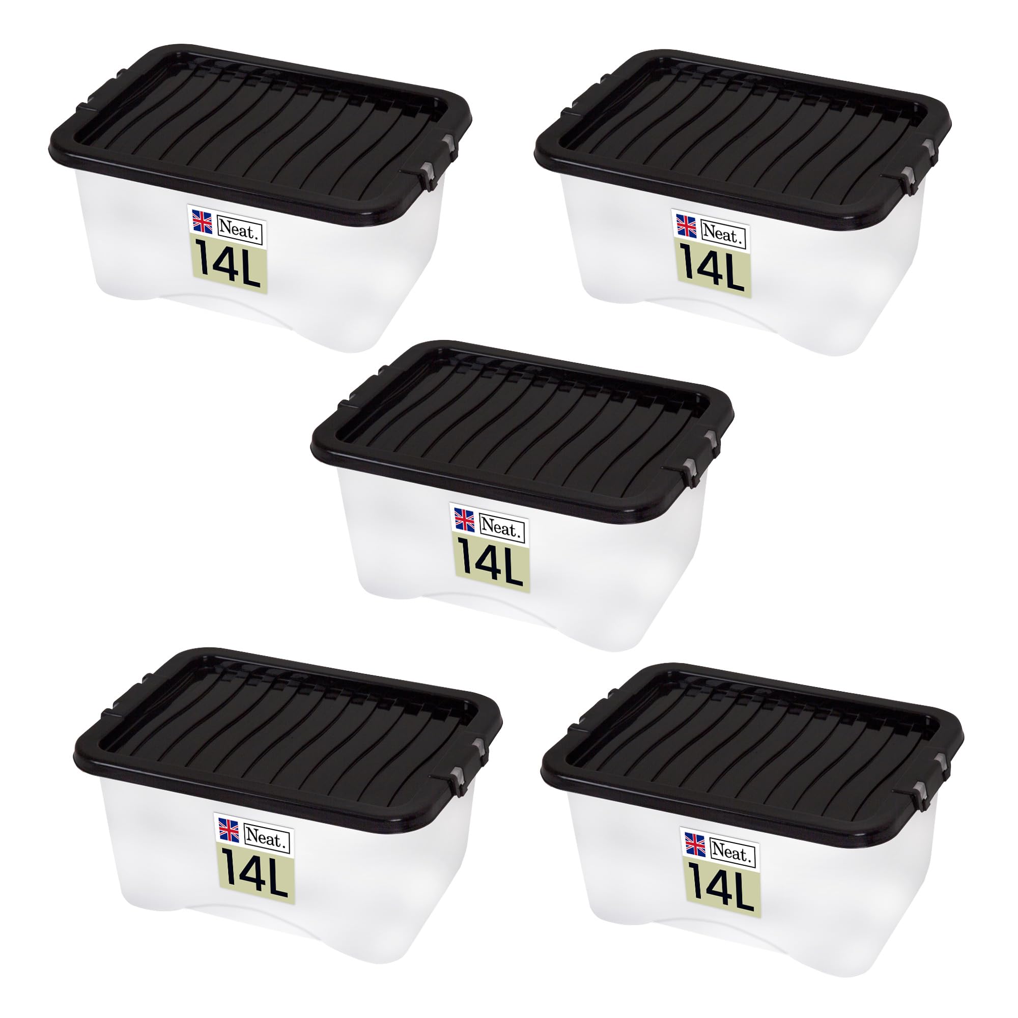 Neat. Plastics 14L Storage Box, Clear Base, Black Lid - Organise Easily with Plastic Storage Box with Lid, Ideal Clear Boxes for Storage, Durable Plastic Boxes with Lids Storage, Pack of 5