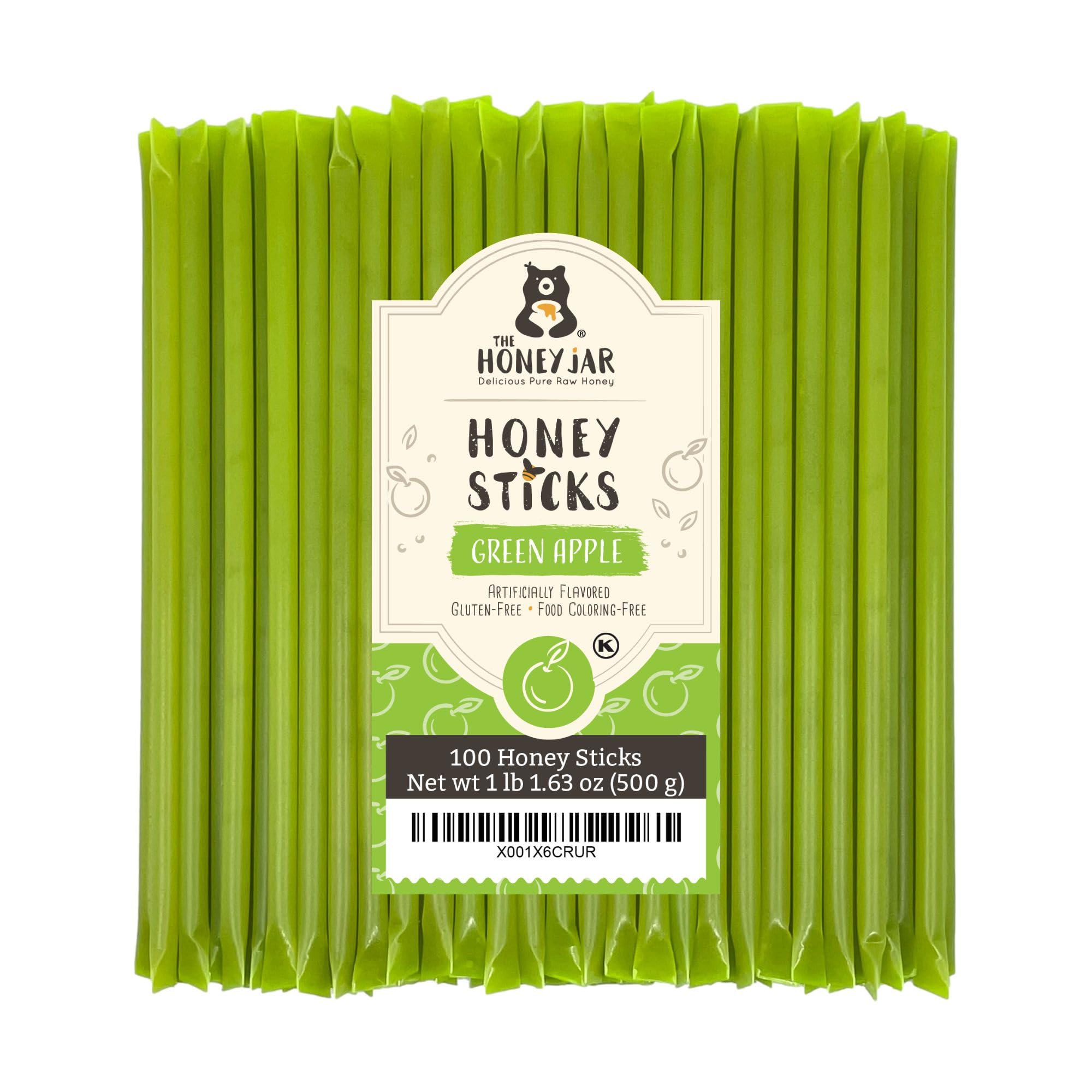 The Honey Jar Green Apple Flavored Honey Sticks - Pure Honey Straws For Tea, Coffee, or a Healthy Treat - One Teaspoon of Flavored Honey Per Stick - Made In The USA with Real Honey - (100 Count)