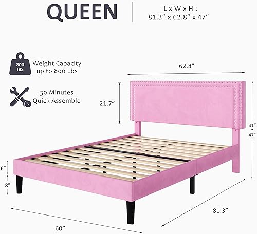 Miniatura 280 de VECELO Base de cama de tamaño matrimonial con cabecera tapizada ajustable, plataforma de listones de madera, diseño sin ruido, fácil montaje Negro