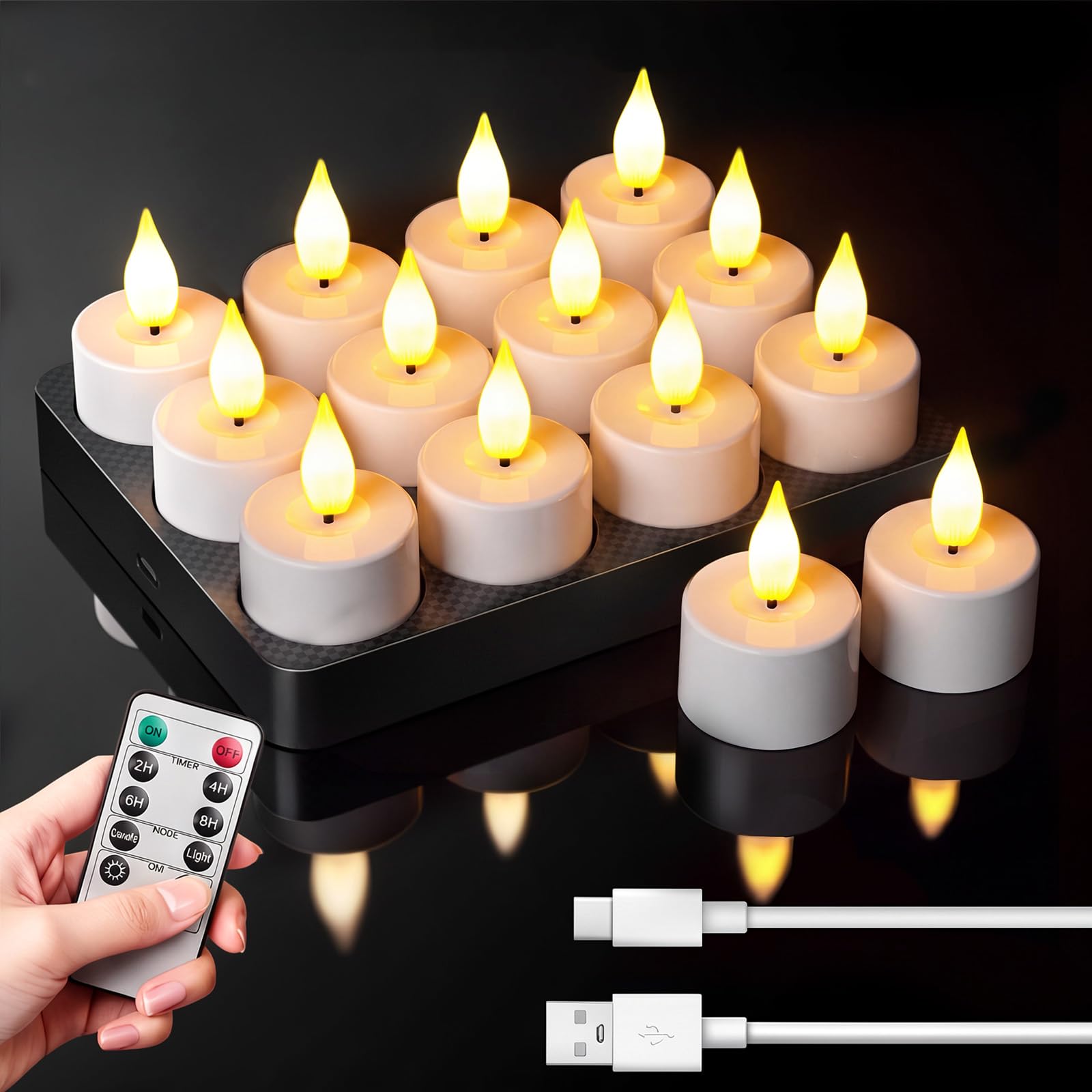 KagoLing 12 Stück LED Teelichter Wiederaufladbar, Schwarze Ladestation | Mit Timerfunktion und Fernbedienung, Flackernde Flamme für Halloween Weihnachten Valentinstag Tisch Party