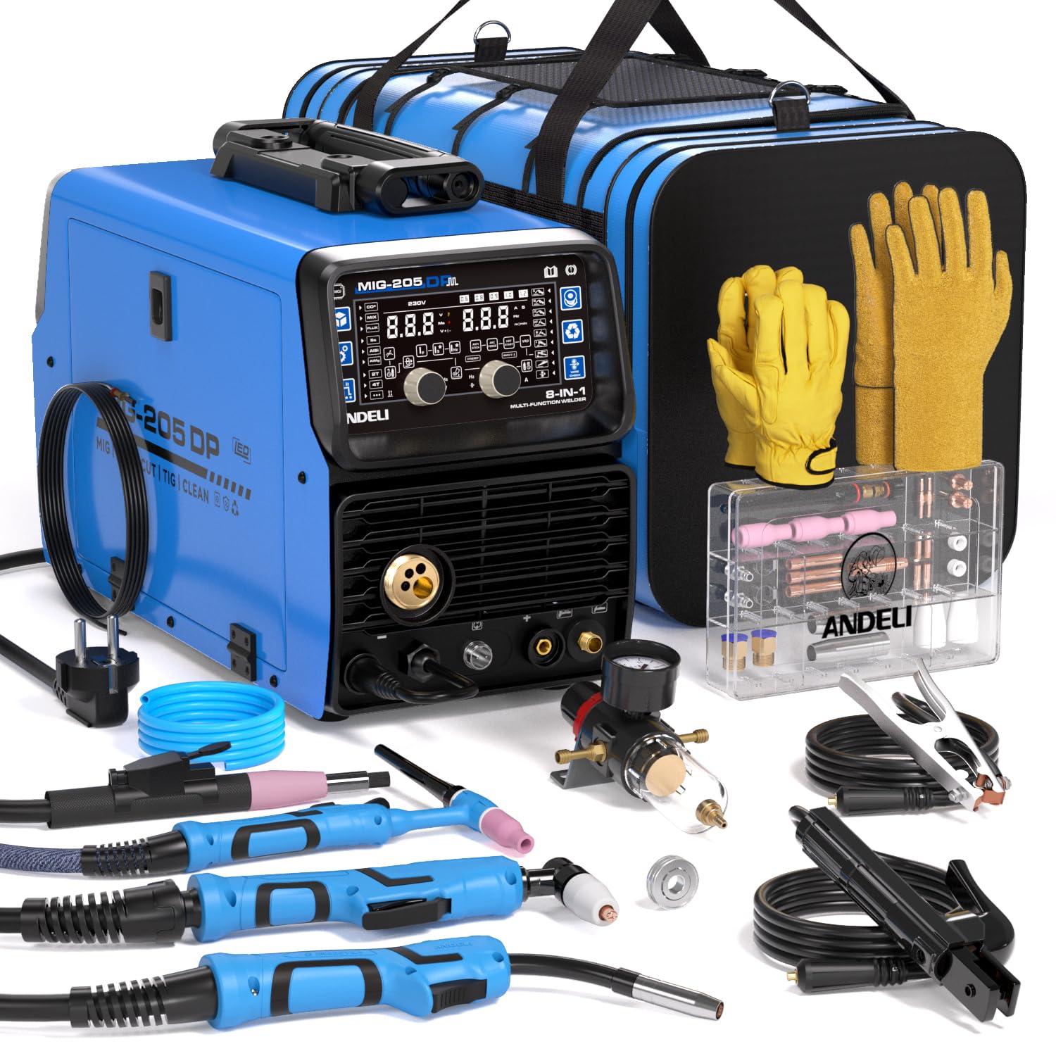 ANDELI MIG-205DP 8-in-1 Multi-Process Combined Welder 230V – 205A Pulsed MIG/Gas MIG/TIG DC HF/Plasma/Tubular Wire/Cold/Clean/Electrode, IGBT, for Aluminium/Steel/Inox, Model 2026