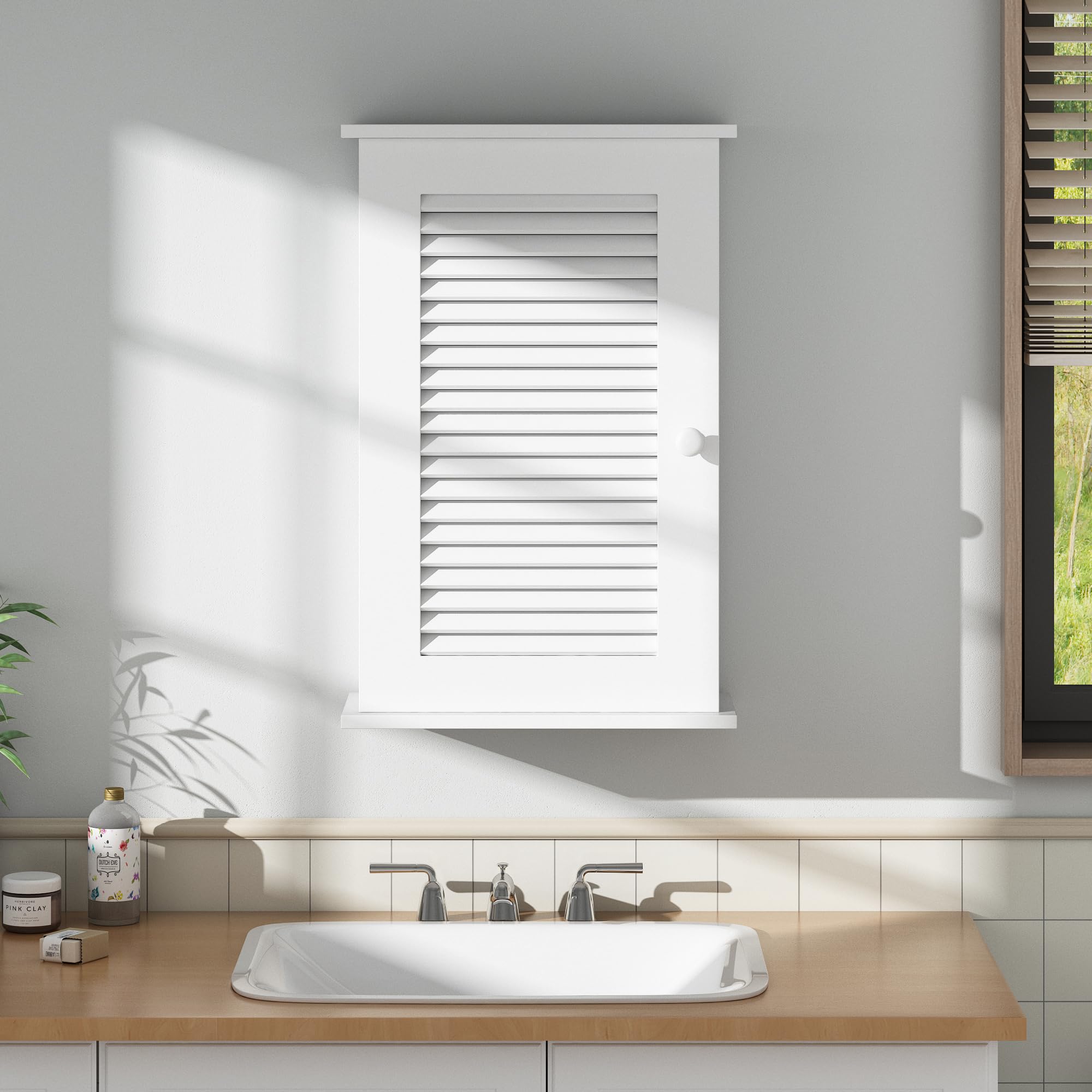 JAXPETY Bathroom Wall Cabinet 3-Tier Storage Organizer with Single Louvered Door,Wooden Medicine Cabinets with Adjustable Shelf for Bathroom&Living