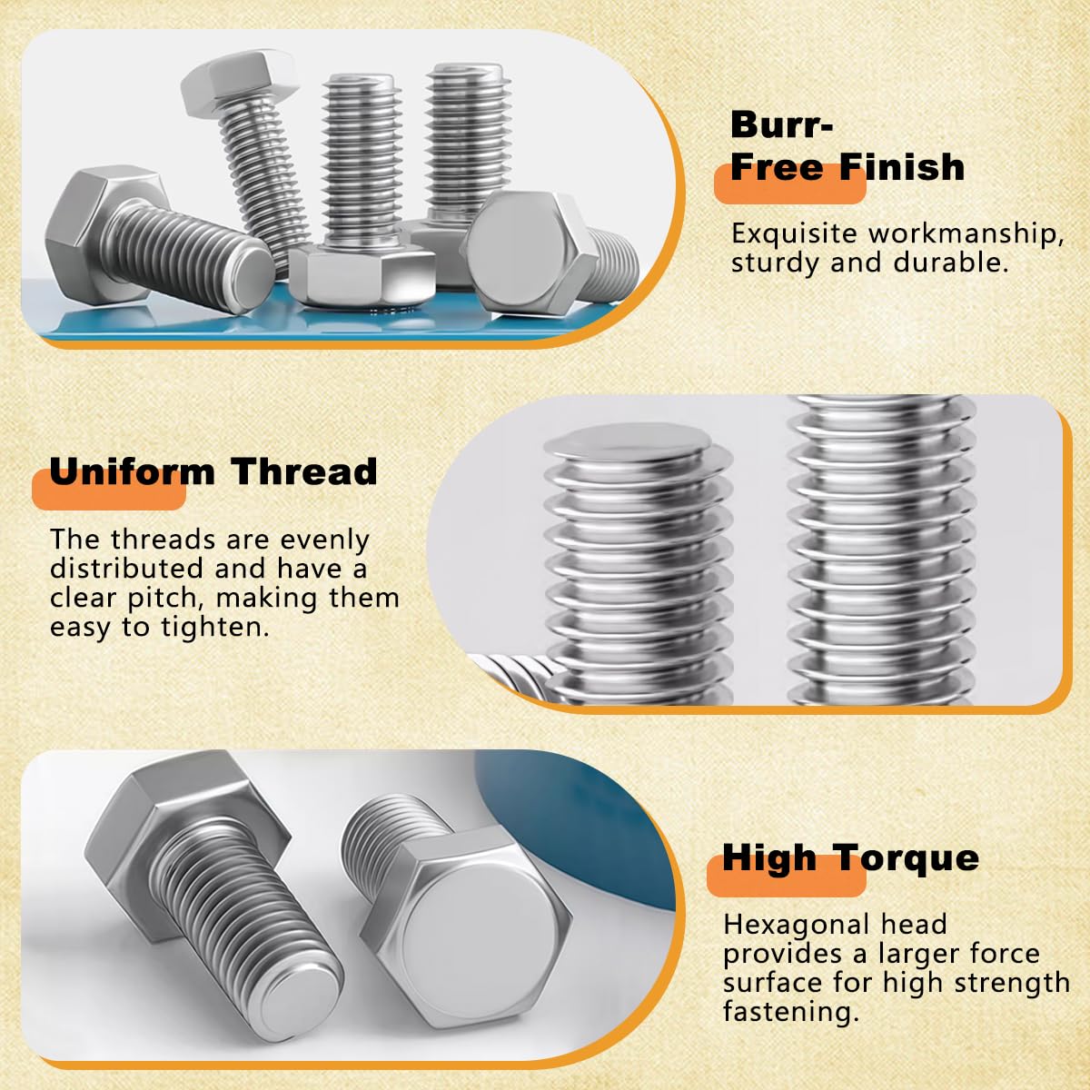 Drenky M8 Hex Bolts 304 Stainless Steel M8 x 20mm Hex Head Screws Bolt DIN 933 Machine Screws for Furniture Repair Automotive & Machinery Assembly - Image 3