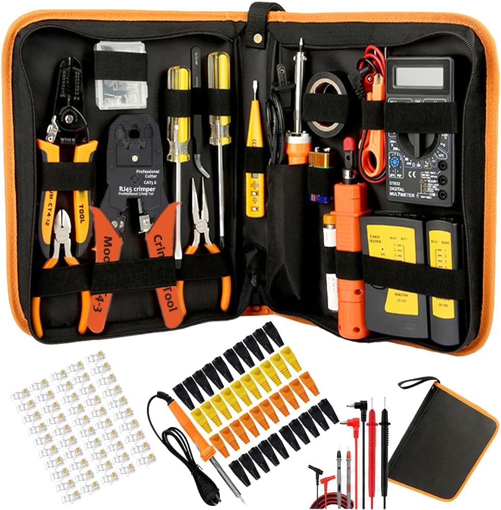 LEATBUY RJ45 Crimping Tool Kit for CAT5/CAT6 Ethernet Crimp Net Professional Network Crimper Wire Connector Stripper Cutter, Computer Maintenance Lan Repair Cable Tool Set (YELLOW)