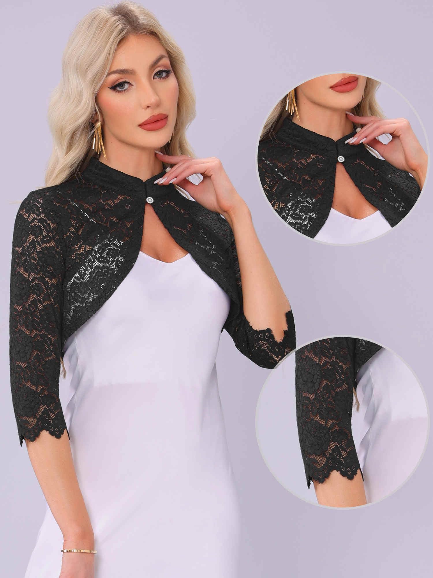 Allegra K Boléro Élégant en Dentelle Femme Manches 3/4 Cardigan Court Transparent en Dentelle Florale