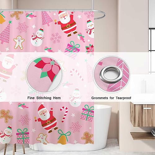 Miniatura 3 de Allenjoy Cortina de ducha de Navidad rosa de 72 x 72 pulgadas para niña, juego de baño de Feliz Navidad, invierno, Papá Noel, muñeco de nieve,