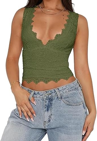 Womens Sexy V-Neck Going Out Cropped Tank Tops Sleeveless Corset Crop Tops Y2K Trendy Lace Camisole Vest Streetwear