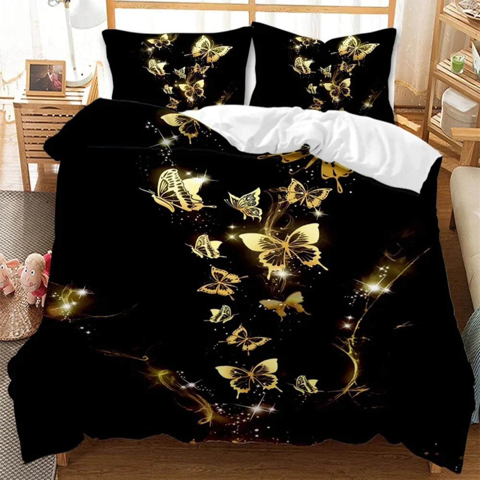 Housse de couette noire de luxe papillon doré 220x230cm pour lit adulte chic