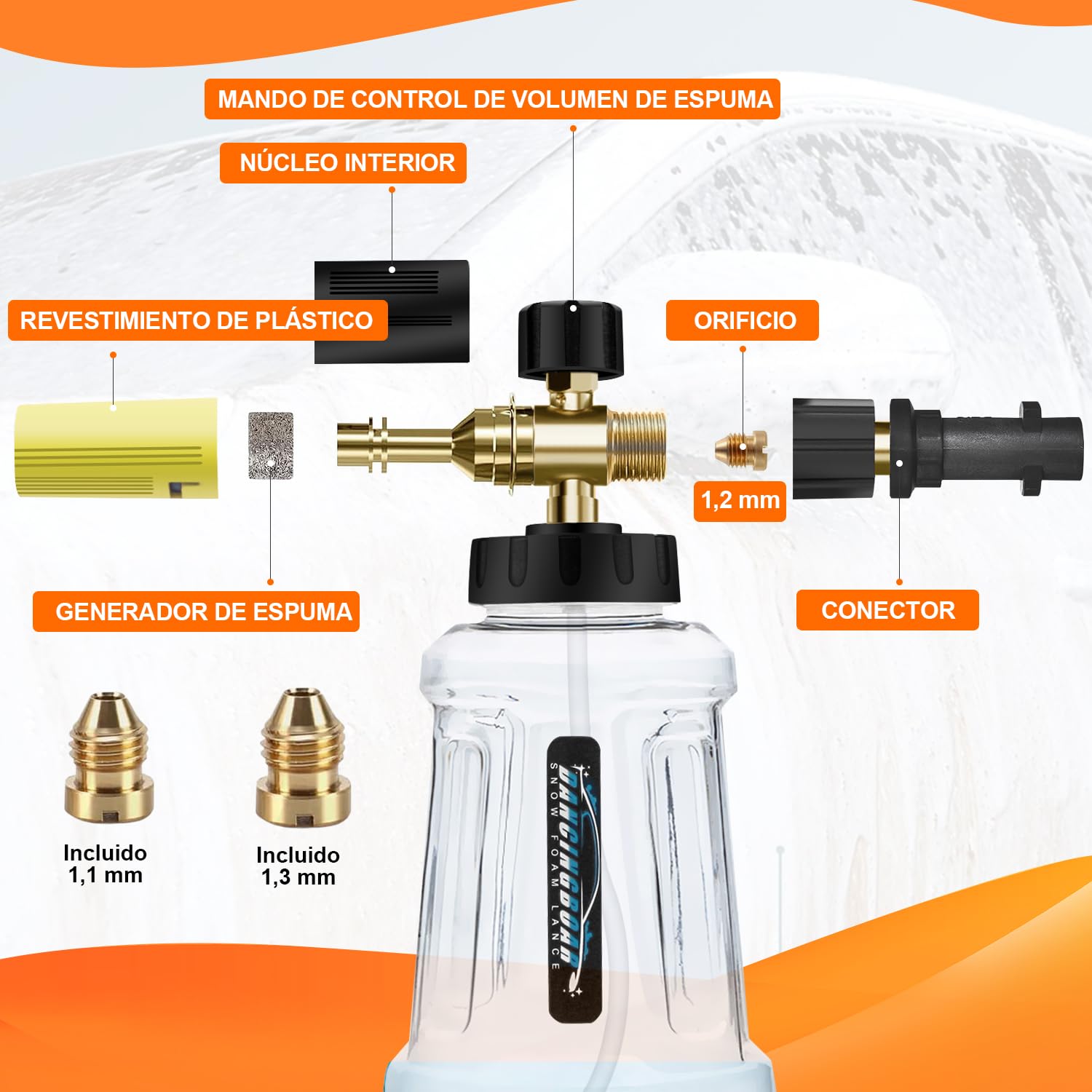Lanza de Espuma de Nieve para Lavadora a Presión Karcher K Series K2 K3 K4 K5 K6 K7, 1L Cañón de Espuma de Nieve Dispensador de Jabón con Pulverización Ajustable Mejorada Boquilla (Negro y Amarillo)