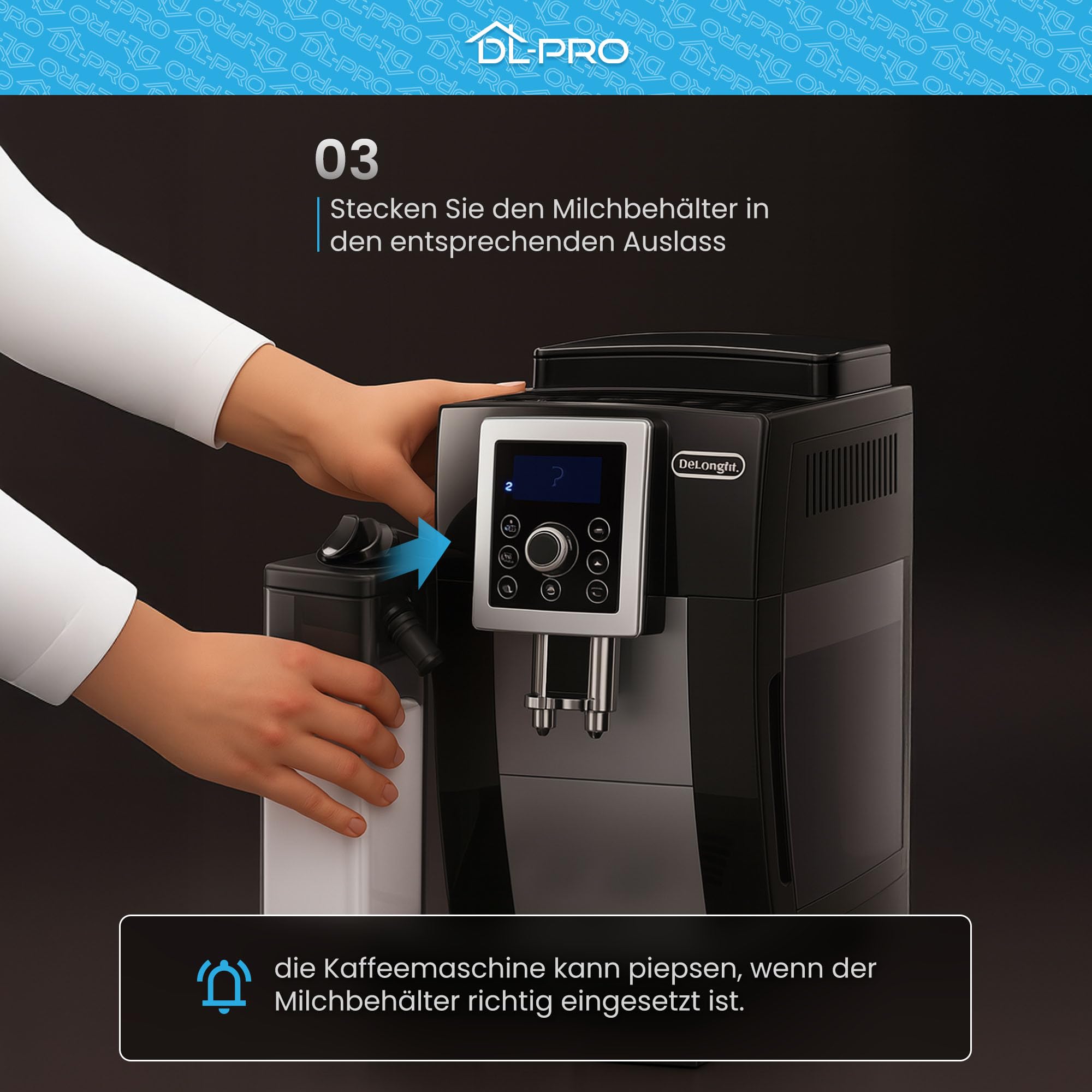 DL-pro Milchbehälter mit Deckel für DeLonghi 5513296641 – kompatibel nur mit ECAM 23.466/24.467/25.462/25.467/350.55/350.75/352.55 – inkl. Reinigungsbürste