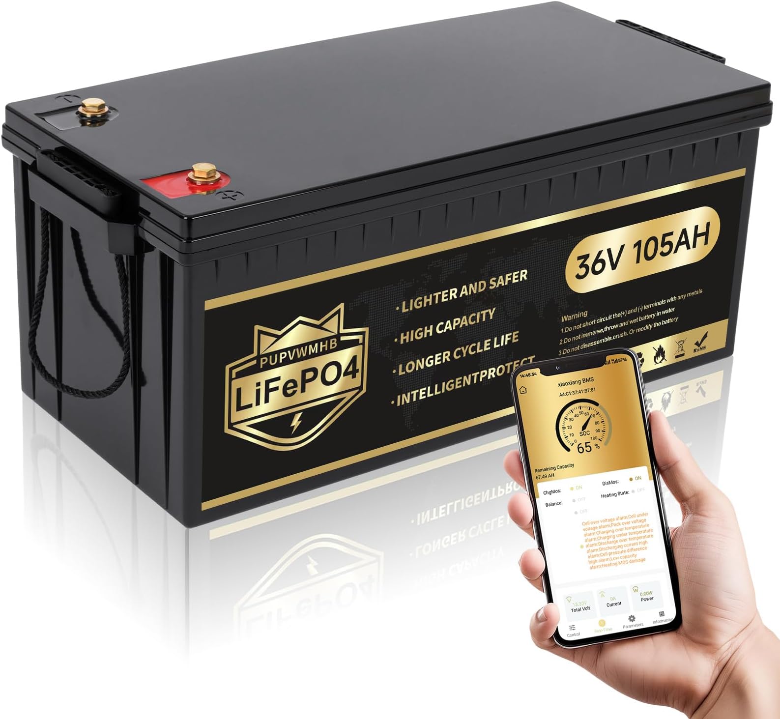 36V 105Ah Golf Cart LiFePO4 Lithium Battery, Bluetooth Lithium Battery,200A BMS,Up to 8000 Cycles, with 10 Years Lifetime Low Temp Cut off, Perfect for RV, Solar, Trolling Motor