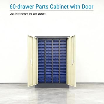 Parts Cabinet with 60 Drawers Nut and Bolt Organizer Lockable Metal Bolt Bin Cabinet with Partitions/Labels/Doors