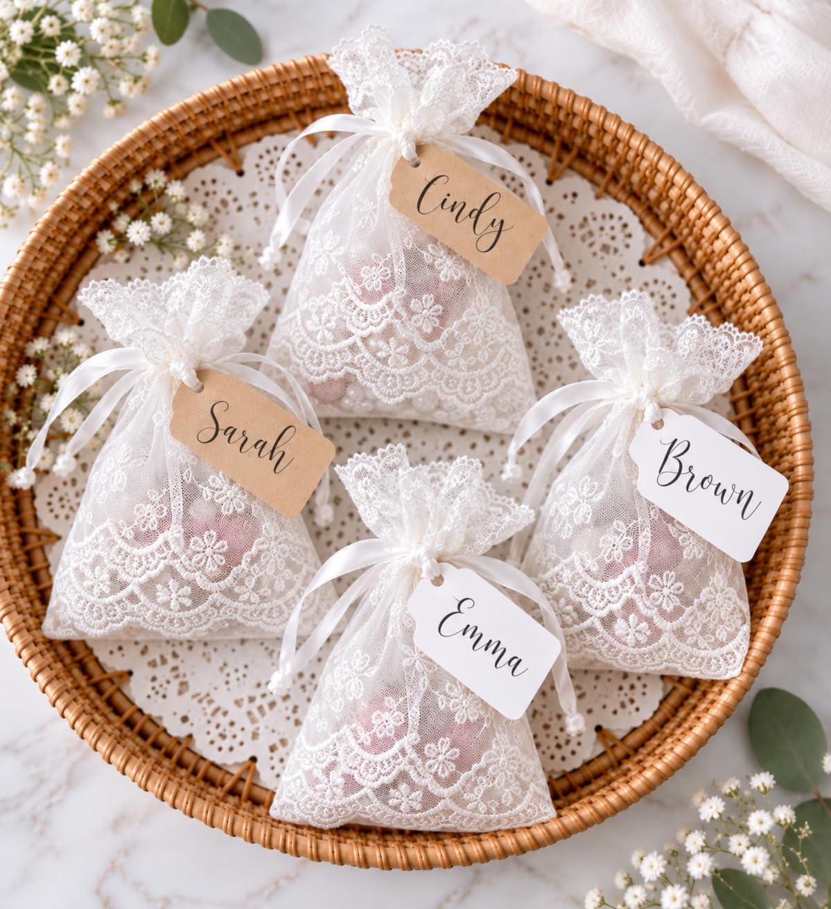 CHYHMYT Lot de 50 sacs cadeaux en dentelle brodée avec cordon de serrage, pochettes cadeaux de mariage, pochettes en dentelle florale, sacs d'emballage de bijoux, sacs de cadeaux de mariée