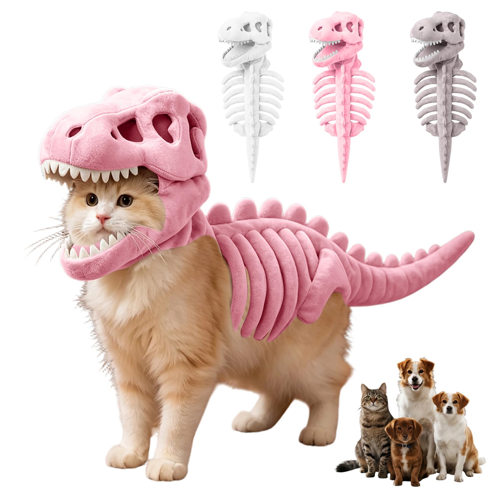 Dog Cat Pet Dinosaur Skeleton Costume, Soft Plush T Rex Halloween Outfit, 3D Dinosaur Bone Hood Outfits Clothes for Medium Large Pet Cosplay Party Family (Pink, L)