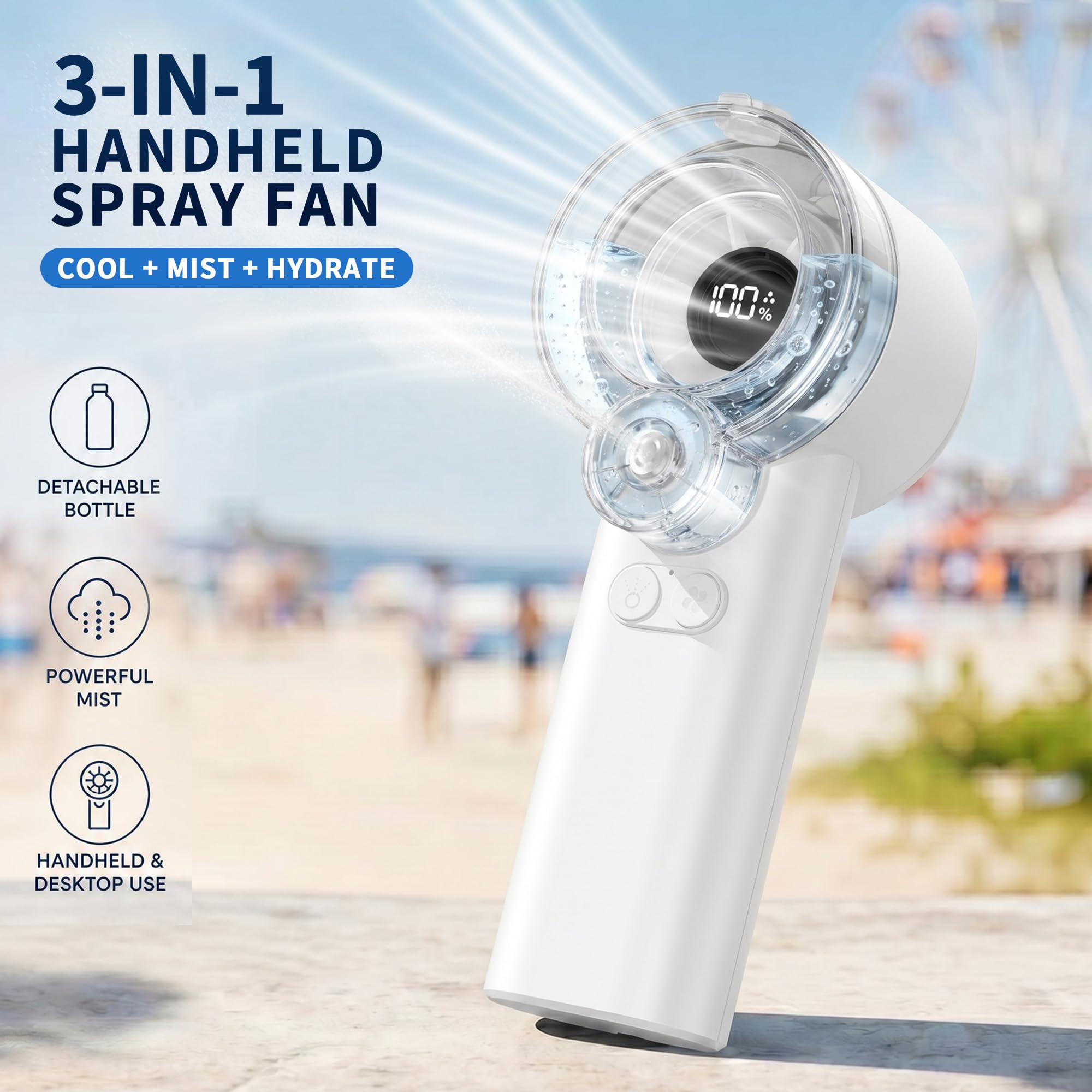 Ventilateur portable brumisateur, moteur turbo 13 000 tr/min, brume froide glacée 16 °C, batterie rechargeable de 3600 mAh, réservoir d'eau magnétique amovible, ventilateur de refroidissement