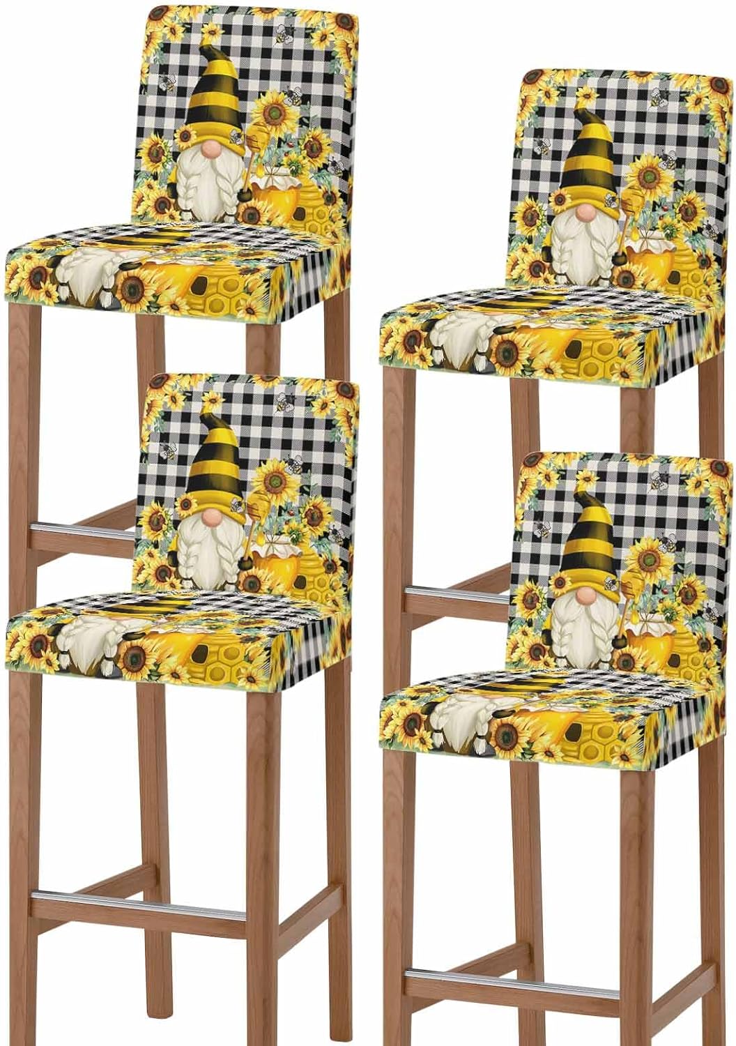 YOKOU Bar Stool Chair Covers Set of 4,Sunflower Dwarf Bee Green Leaves Removable Stretch Pub Counter Stool Chair Slipcover for Dining Room Cafe Furniture,Black White Checkered