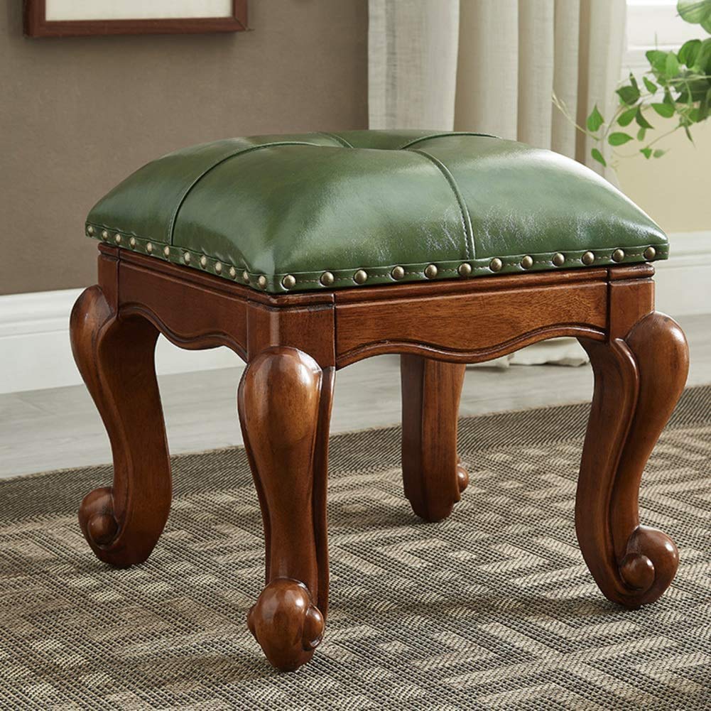 JIOWEUOE Questo poggiapiedi imbottito è realizzato in legno di gomma, decorato con bottoni, stile europeo, può essere utilizzato come sgabello da tavolo, sgabello fasciatoio, pia, verde, 40 x 40 cm