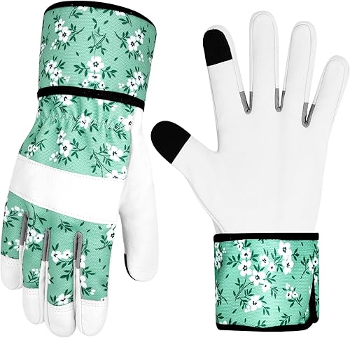 Miniatura 8 de Guantes de jardinería de cuero para mujer, guantes de jardín a prueba de espinas, diseño de pantalla táctil, guantes de trabajo resistentes para el