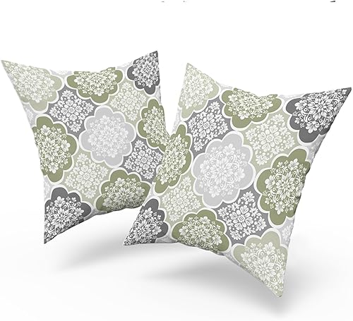 Miniatura 8 de Juego de 2 fundas de almohada de color verde para exteriores de 18 x 18 pulgadas, color verde azulado y gris, floral, estilo bohemio, fundas de