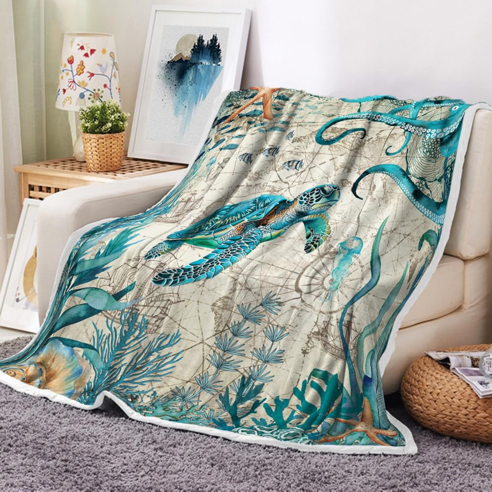 Sea Turtle Octopus Throw Blanket, Blue Teal Ocean Beach Soft Warm Cozy Plush Comfy Blanket for Couch Bed Sofa, Jellyfish Coastal Nautical Fleece