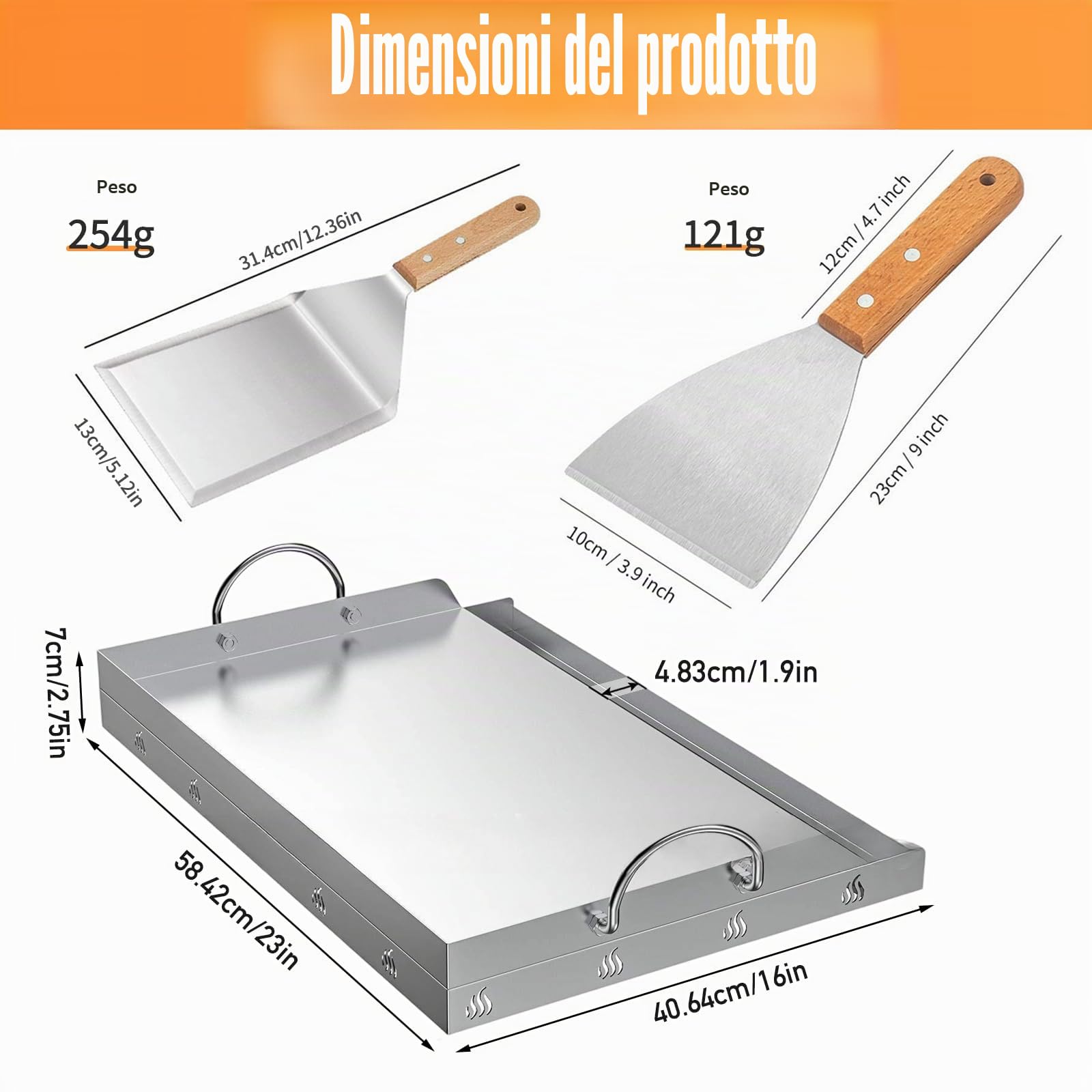 Plancha - Set di piastre per barbecue, 58 x 40 cm, con spatola e raschietto per barbecue, in acciaio inox con protezione antiscottatura e spatola per grigliare con manico in legno per barbecue a gas