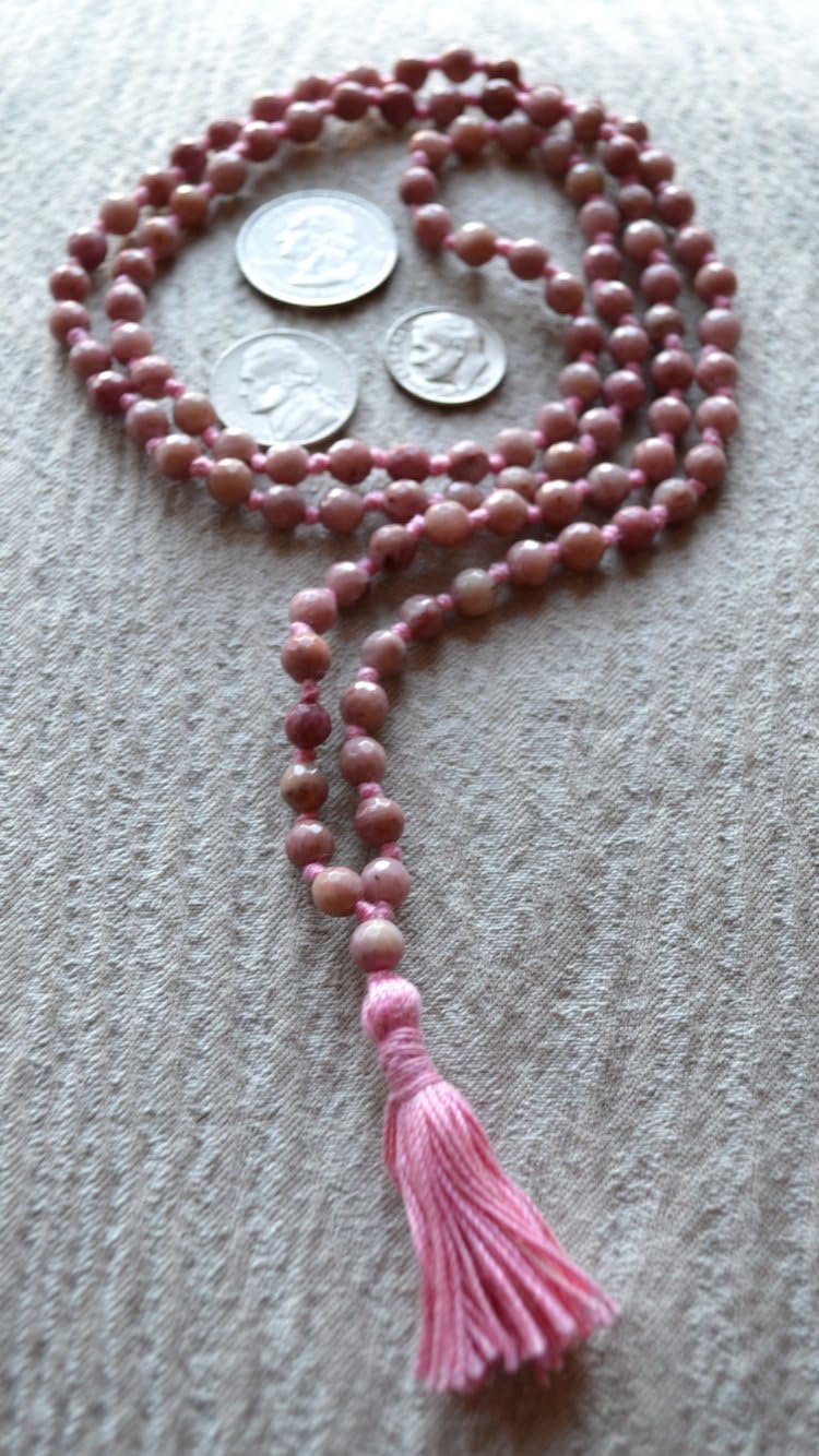 Hand Knotted Rhodonite Mala Beads Necklace - 6mm 108 Beads