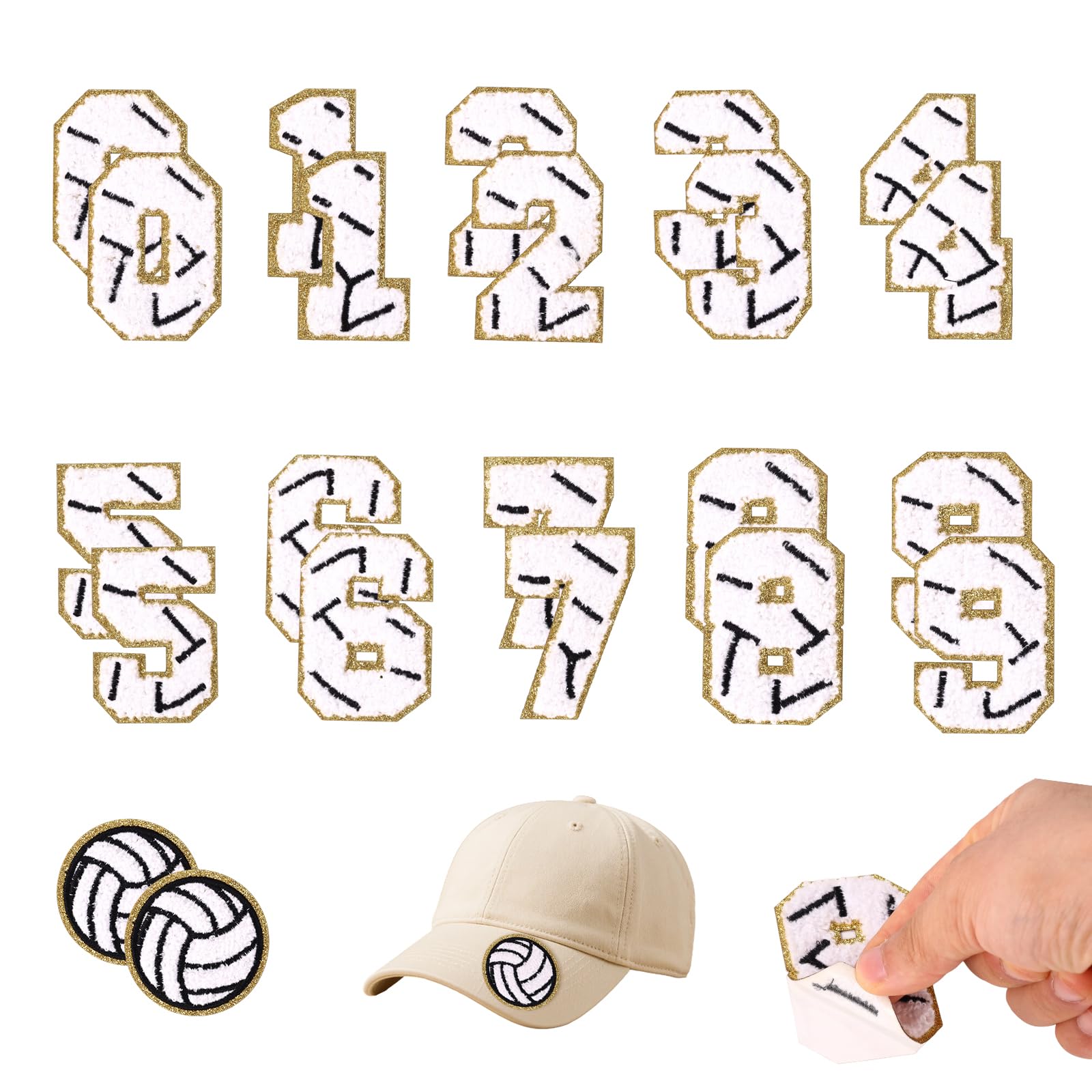 22pcs Sport Number Patches, Self Adhesive Game Day Iron on Patches with 0-9 Numbers & Ball Pattern Gold Edges Sew on Embroidery Appliques for Clothes Jerseys Hats Backpacks Clothing DIY (Volleyball)