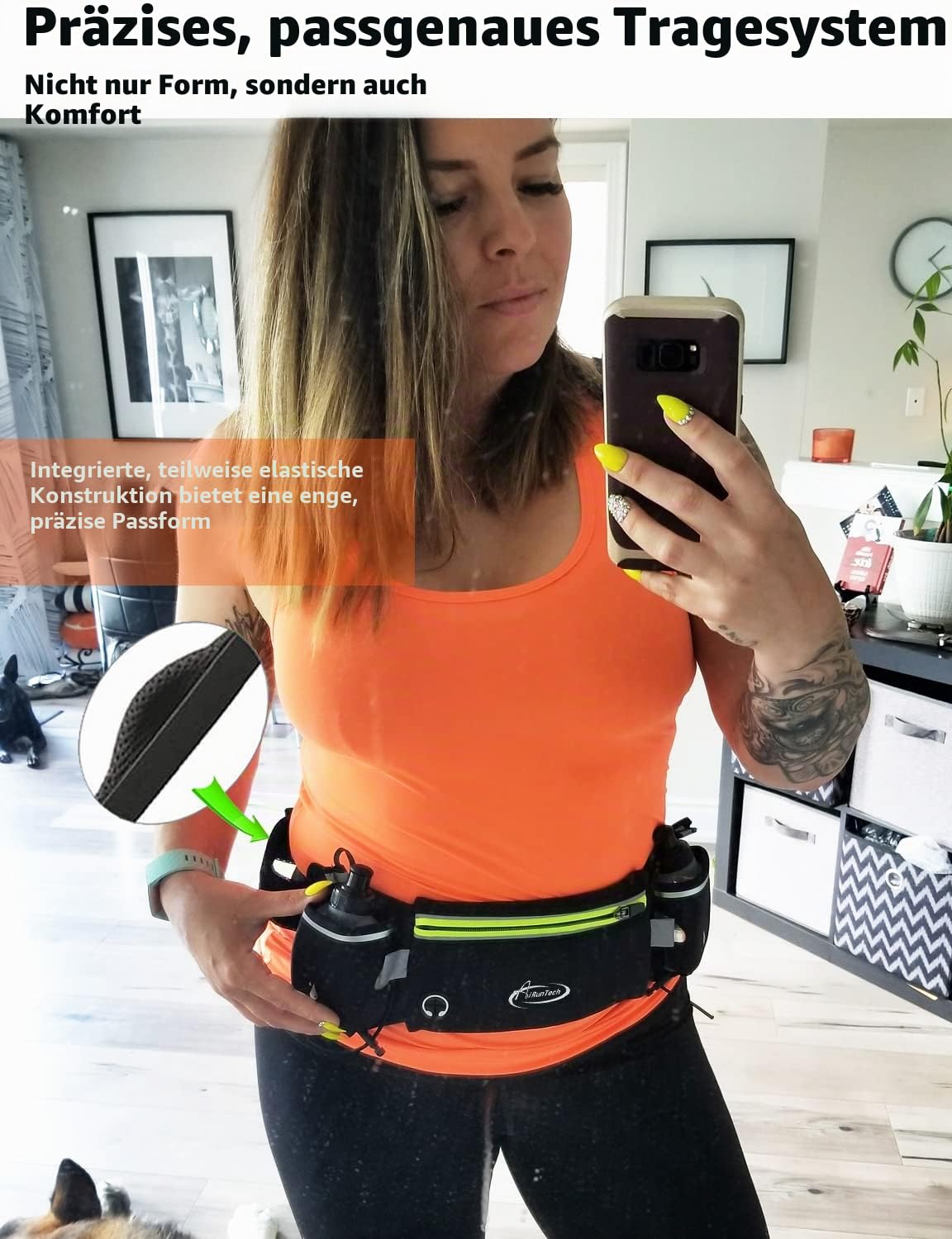 AiRunTech Laufgürtel mit Flaschen, Zero Bounce Design für Laufen, Triathlon, Ironman, Marathon, 10 K, 5 K, Traillänge für die meisten Smartphones(2 x 175 ml) Schwarz