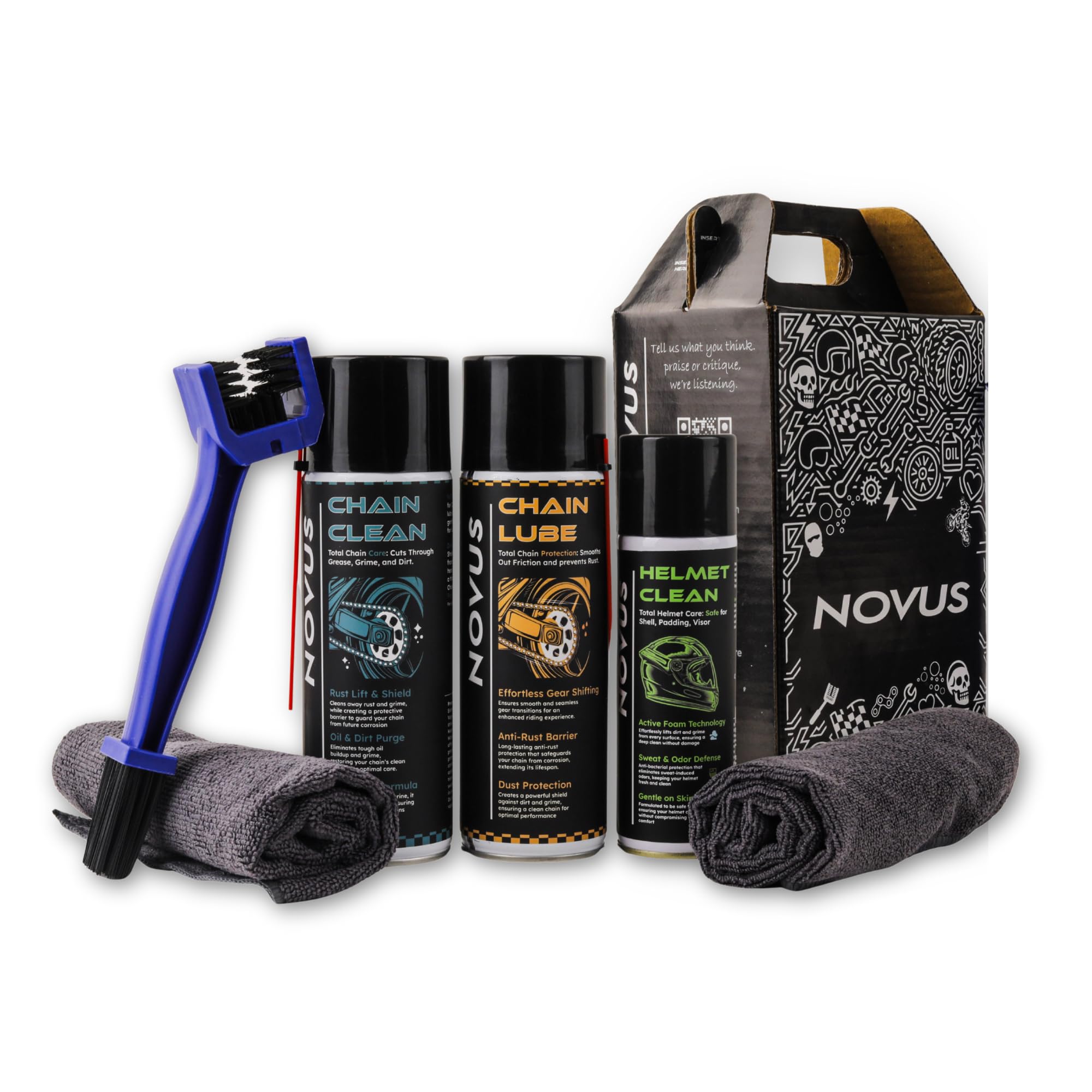 Novus Cleanest Deal Ever, Motorcycle Maintenance Kit, Chain Clean 500ml, Chain Lube 500ml, Helmet Clean 150ml, with Precision Brush and 350GSM Microfibre Cloth-image-14