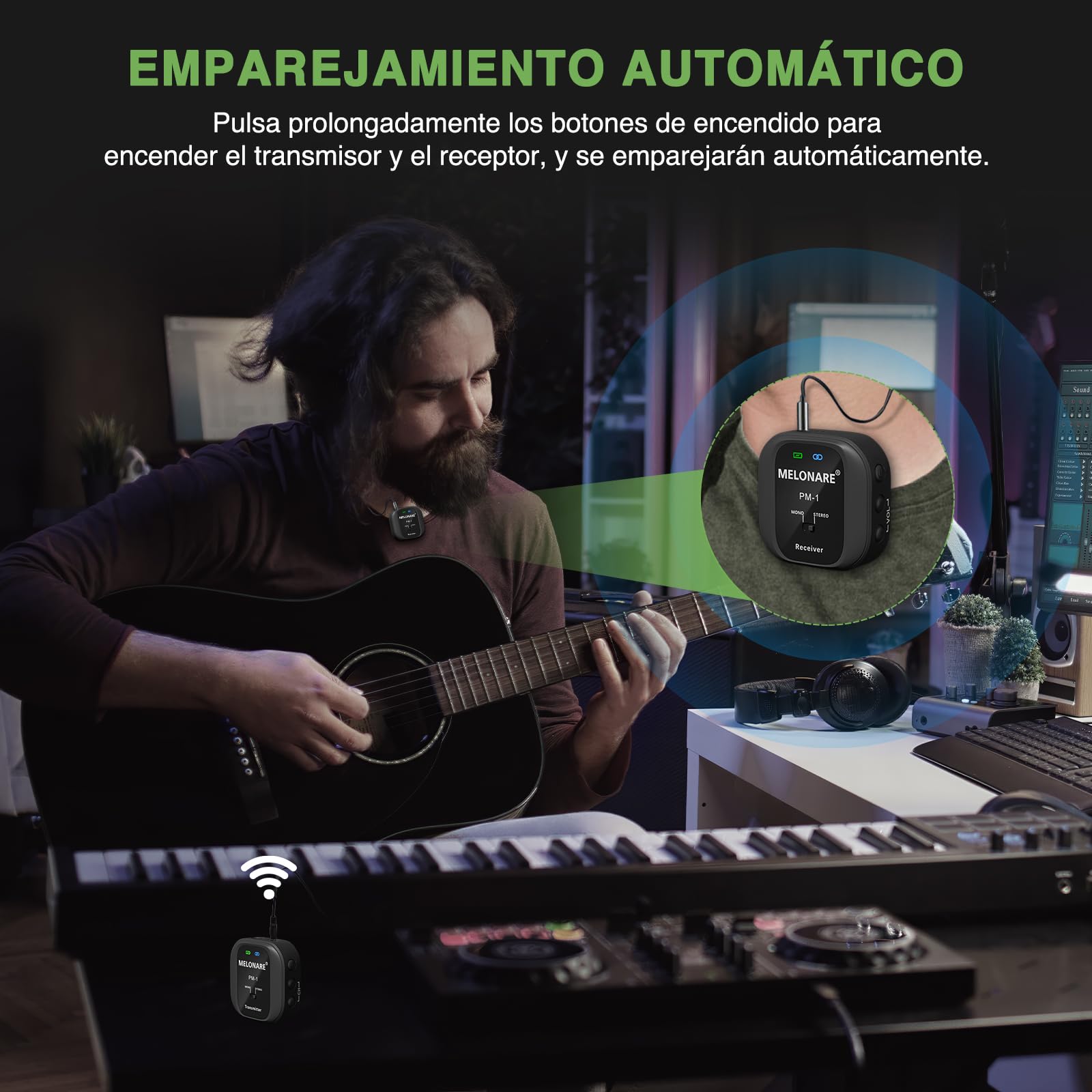 MELONARE PM-1 - Sistema de monitor intrauditivo inalámbrico UHF 500 MHz, sin retraso, audio HD, transmisor y receptor Beltpack, 10 canales, selección mono/estéreo, IEM para actuación en vivo, estudio,