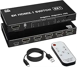 8K Hdmi 2.1 Switch com 5 entradas e 1 saída - 4K@120Hz 8K@60Hz 1X4, ARC, eARC, Hdcp 2.3, Hdr, Vrr, Edid, Para Tv/Monitor/Fire Stick/Ps5