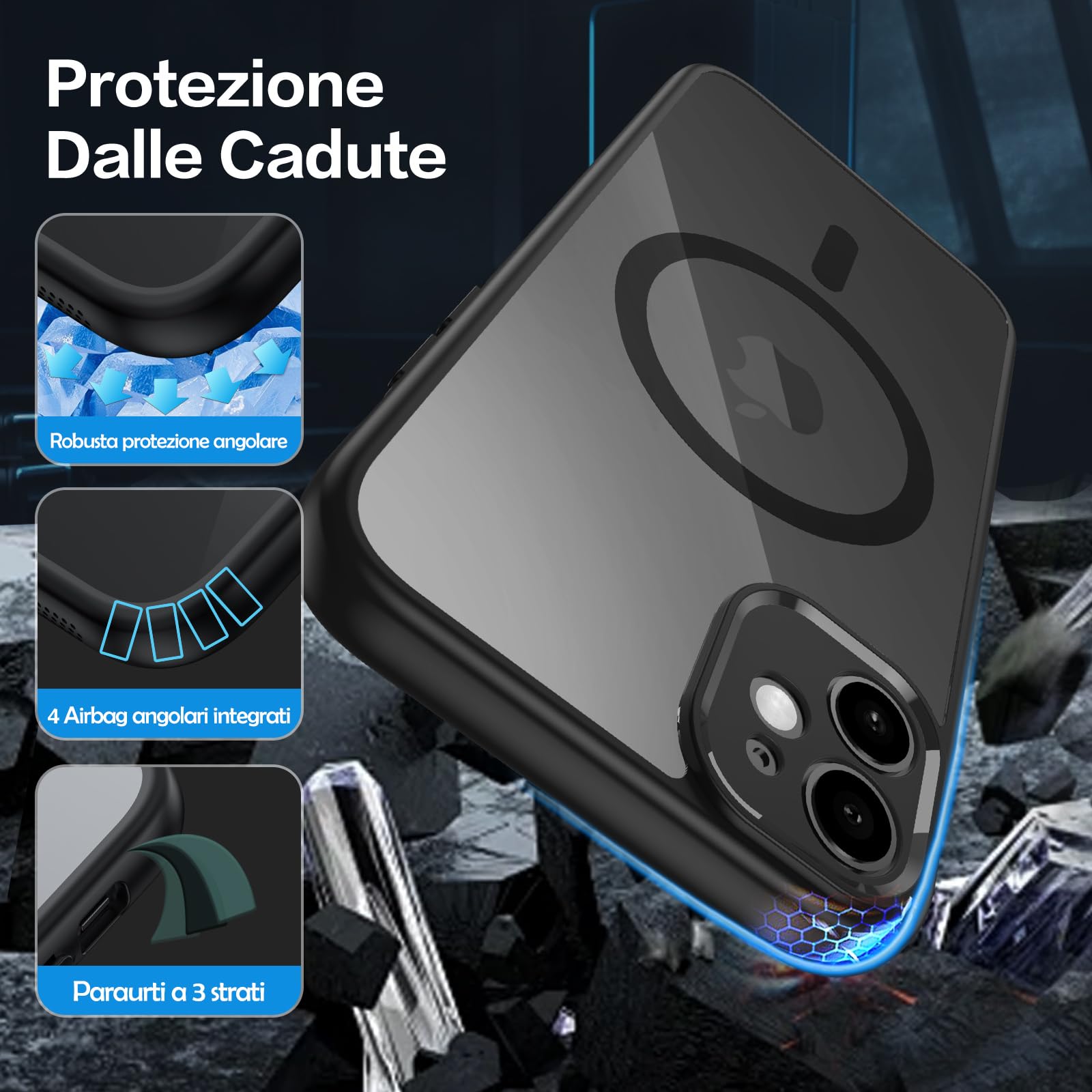 Bimanpap Cover Magnetica per iPhone 11，Comaptibile con Magsafe, [con 2 Pellicola Vetro Temperato] Custodia con Magneti, trasparente Posteriore Sottile Antiurto Protettiva Case (Nero)