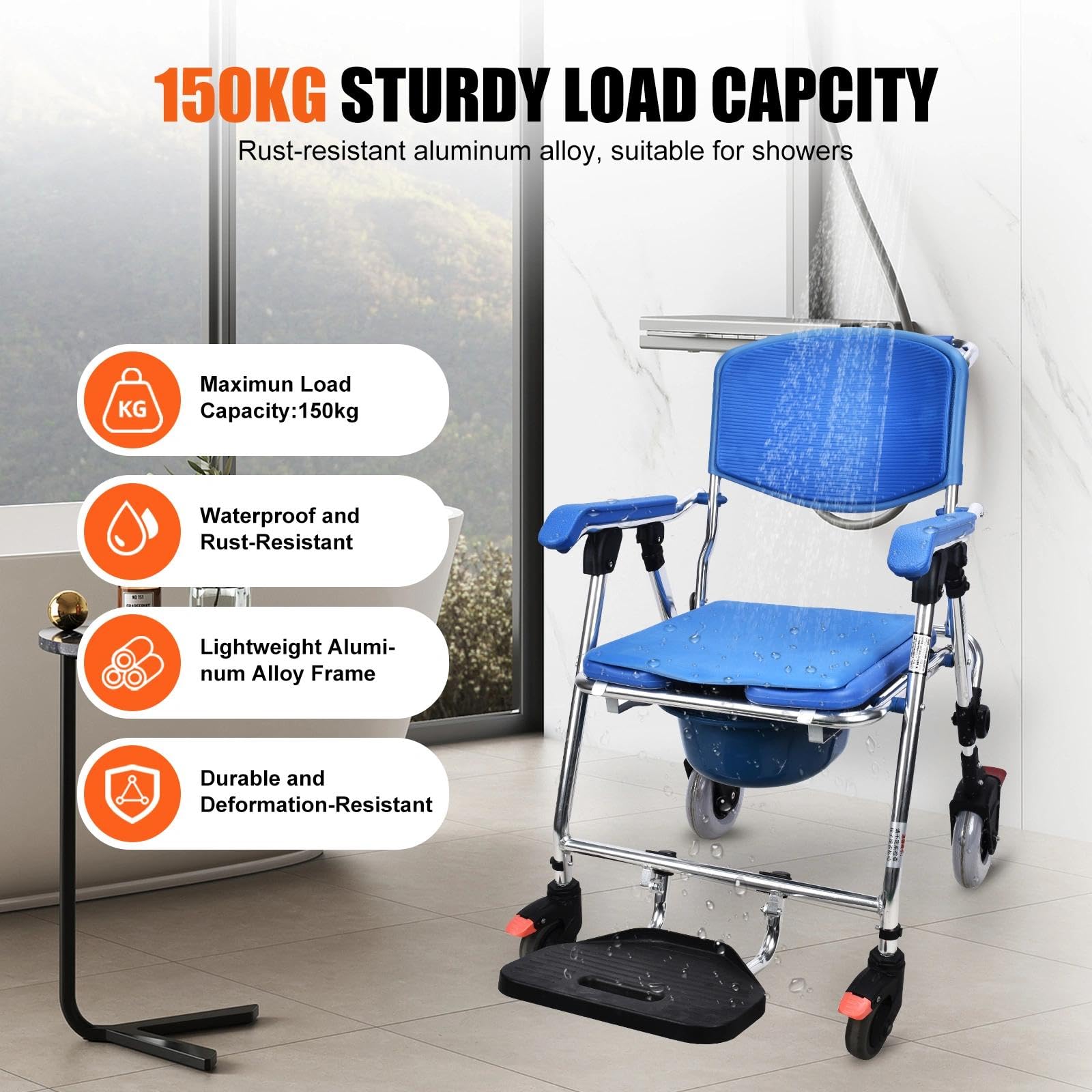 Silla de Ducha con Ruedas Plegable para Personas Mayores, 150kg | Silla de Ruedas para Ducha y WC, Silla Baño Ancianos Ducha Plegable con Cómodo Asiento y Respaldo, 4 Ruedas con Frenos